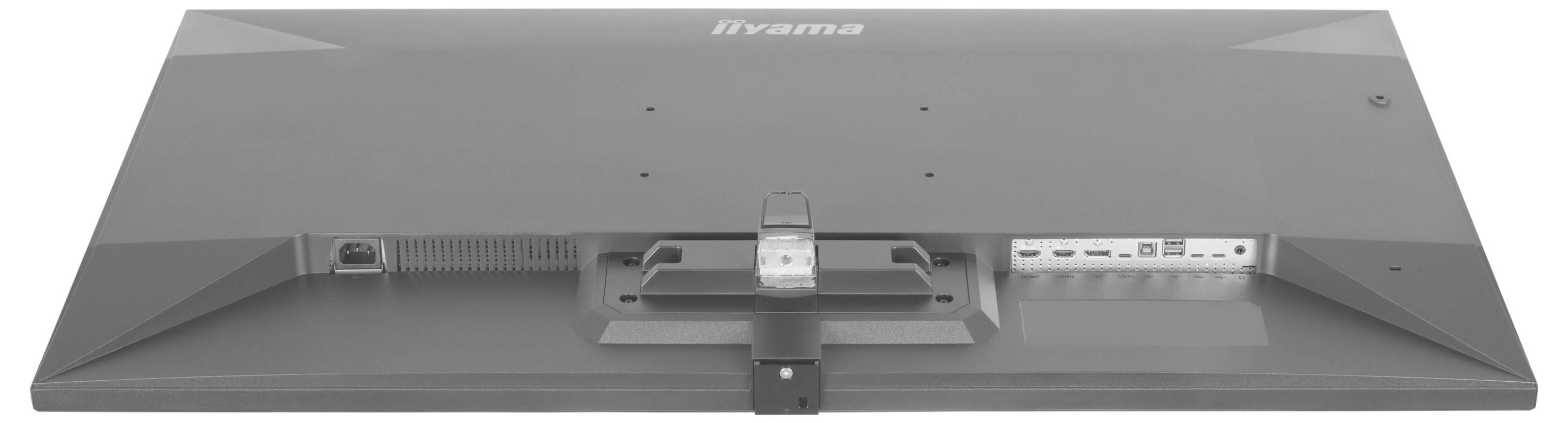 Zadní pohled na monitor zobrazující vstupní porty včetně HDMI, USB a připojení k síti. Monitor je identifikován jako iiyama.