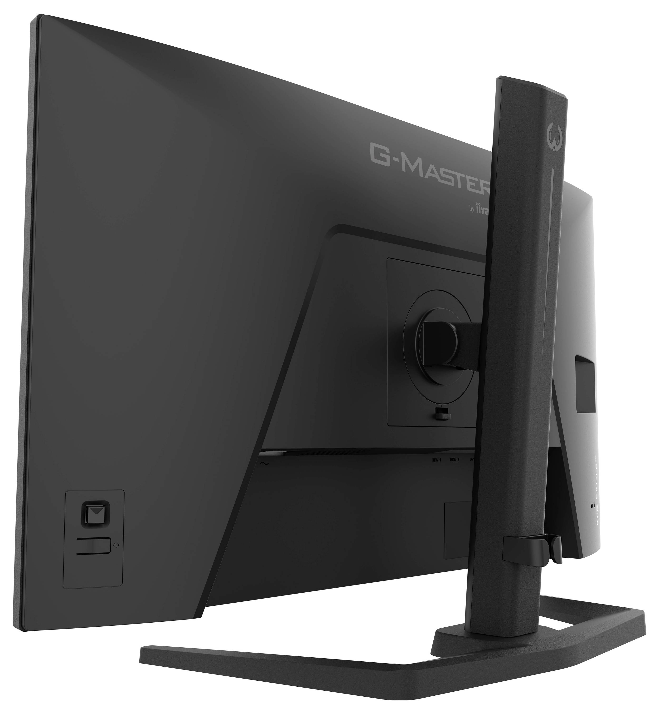 Monitor G-Master s křivkou vídění zezadu, ukazující stabilní stojan a funkci naklonění obrazovky, prezentující ergonomický design.