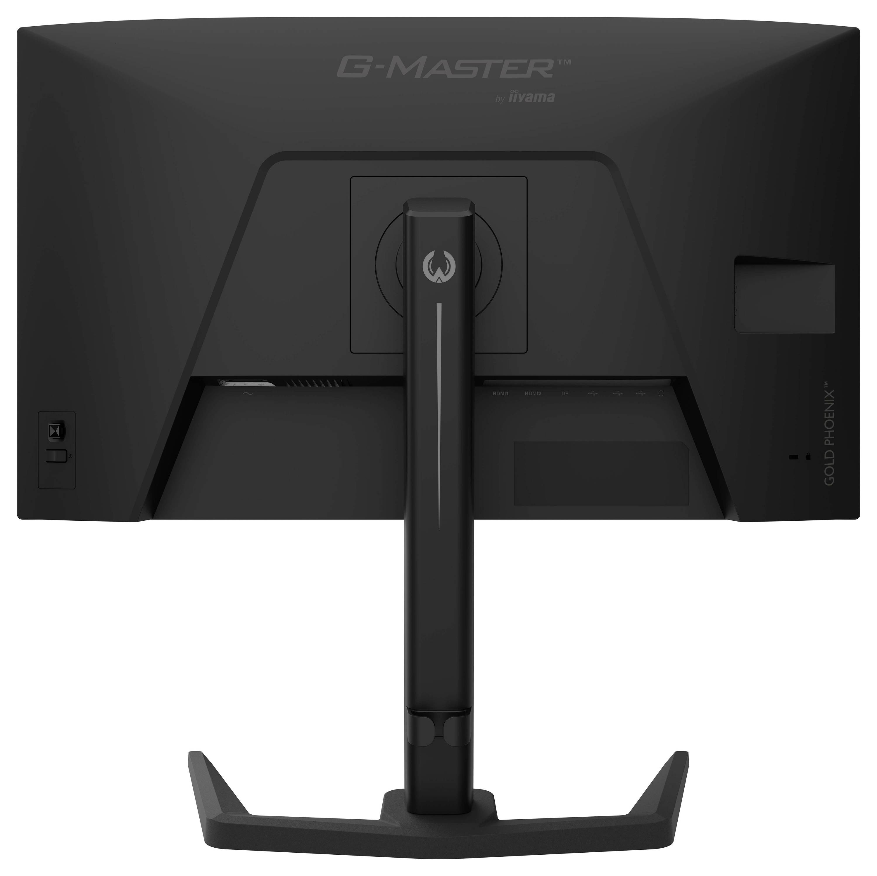 Obrázek ukazuje zadní pohled na herní monitor G-MASTER s podstavcem, obsahující porty a detaily značky.