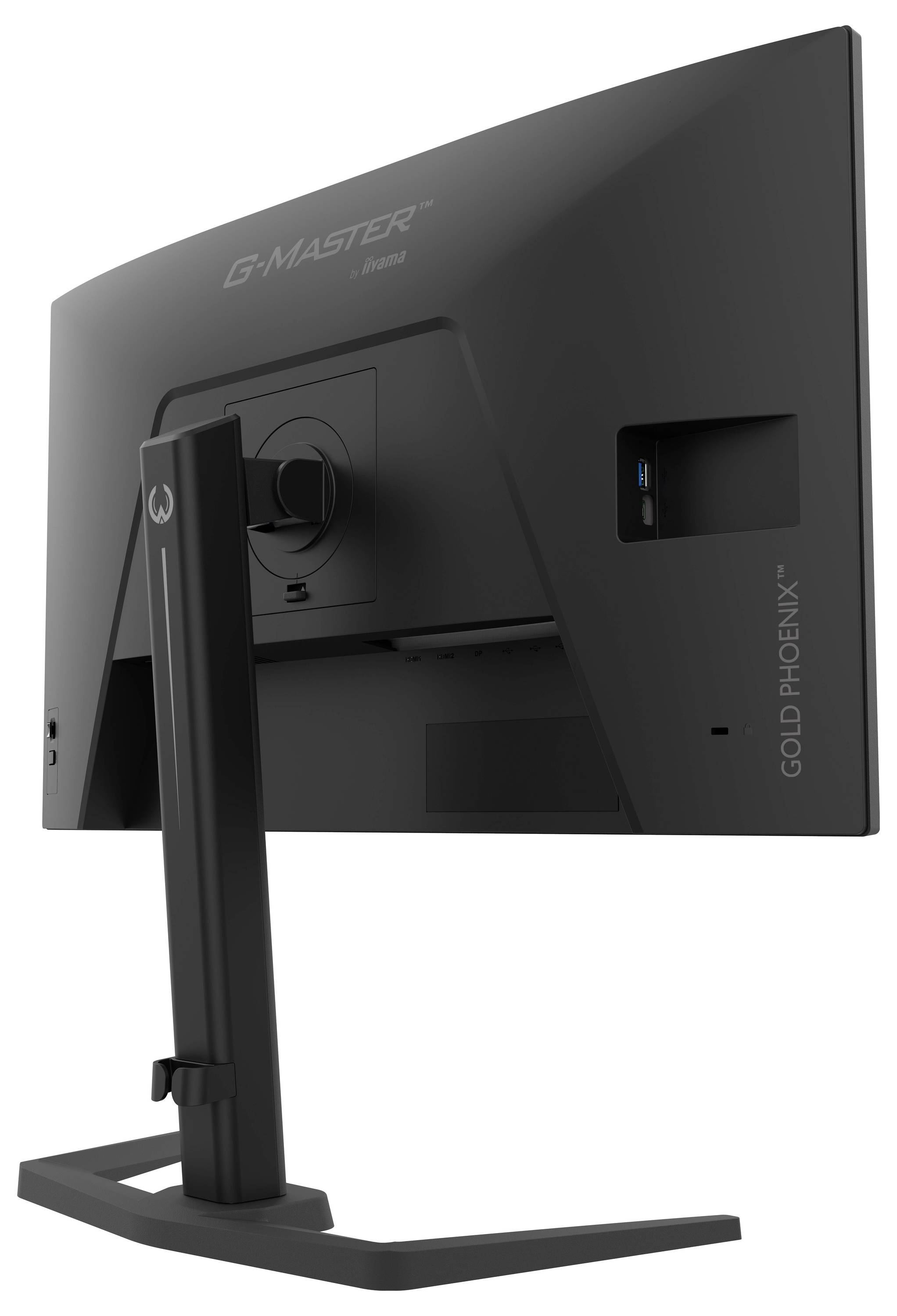 Černý počítačový monitor zobrazený zezadu s viditelnými porty a textem značky "G-MASTER GOLD PHOENIX."