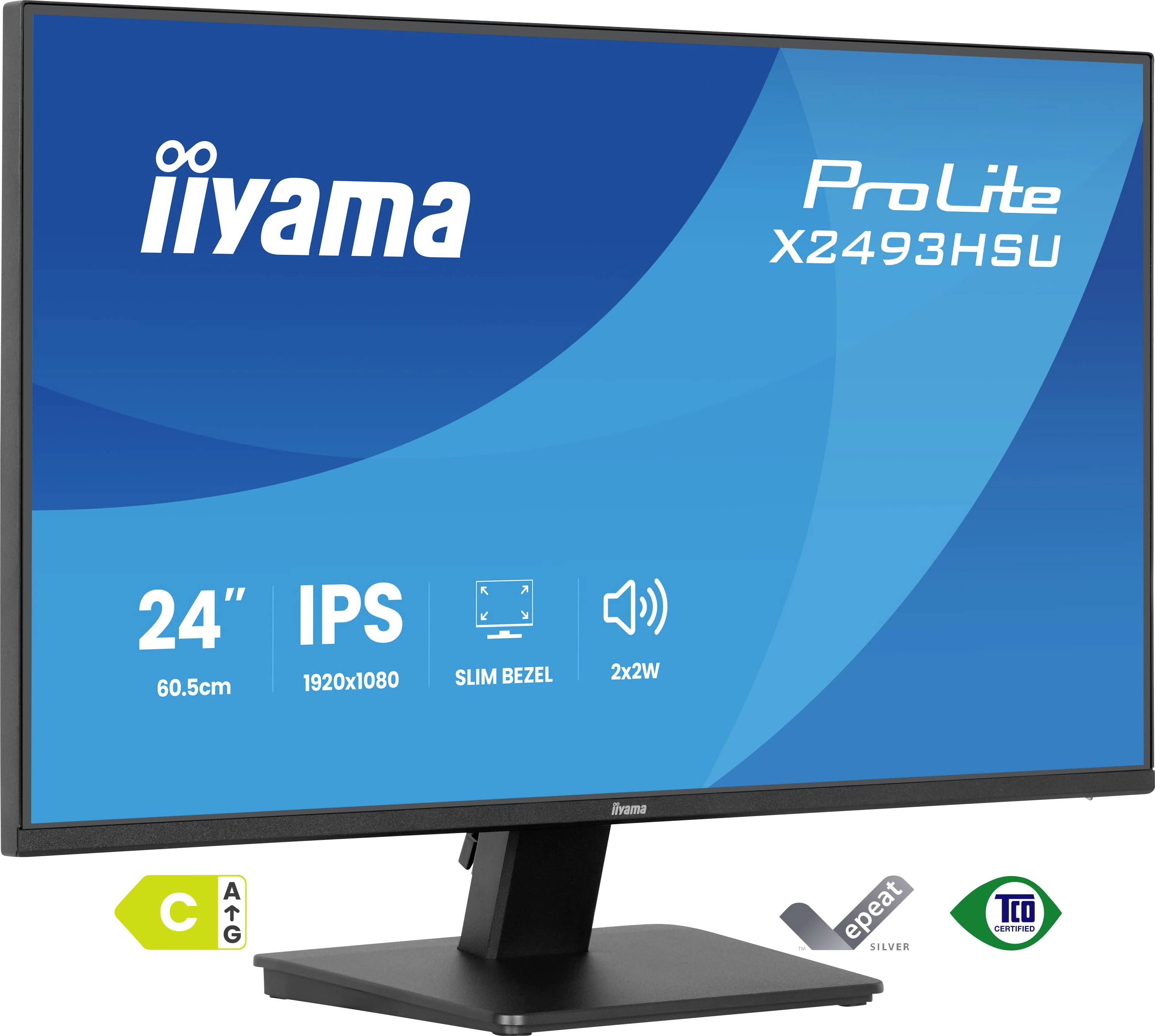 Obrazovka monitoru zobrazující text 'iiyama ProLite X2493HSU', vybavená technologií IPS, tenkým rámečkem a velikostí displeje 24".