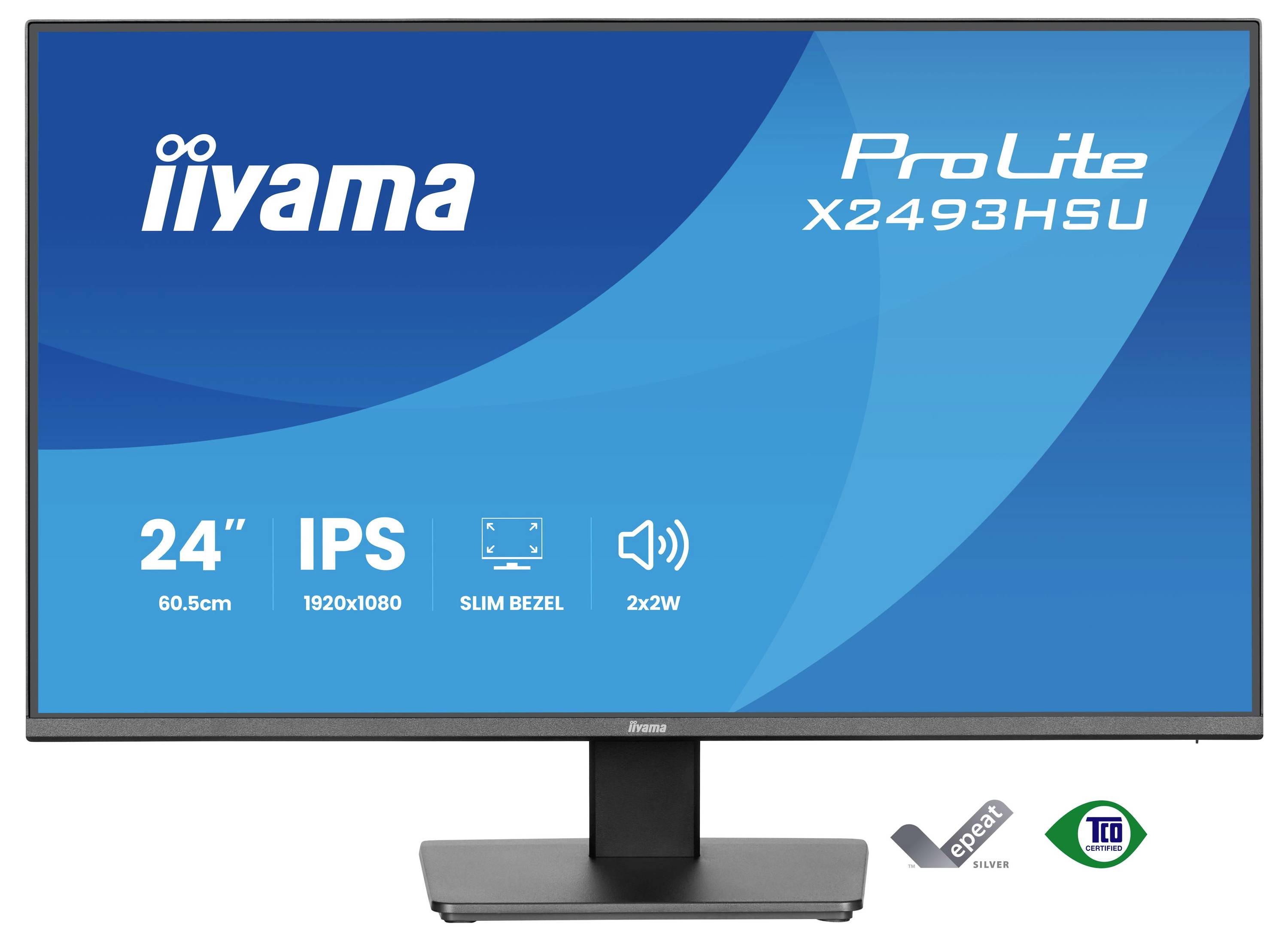 Monitor počítače zobrazující 'iiyama ProLite X2493HSU' s funkcemi: velikost 24 palců, IPS displej, tenký rámeček, rozlišení Full HD.
