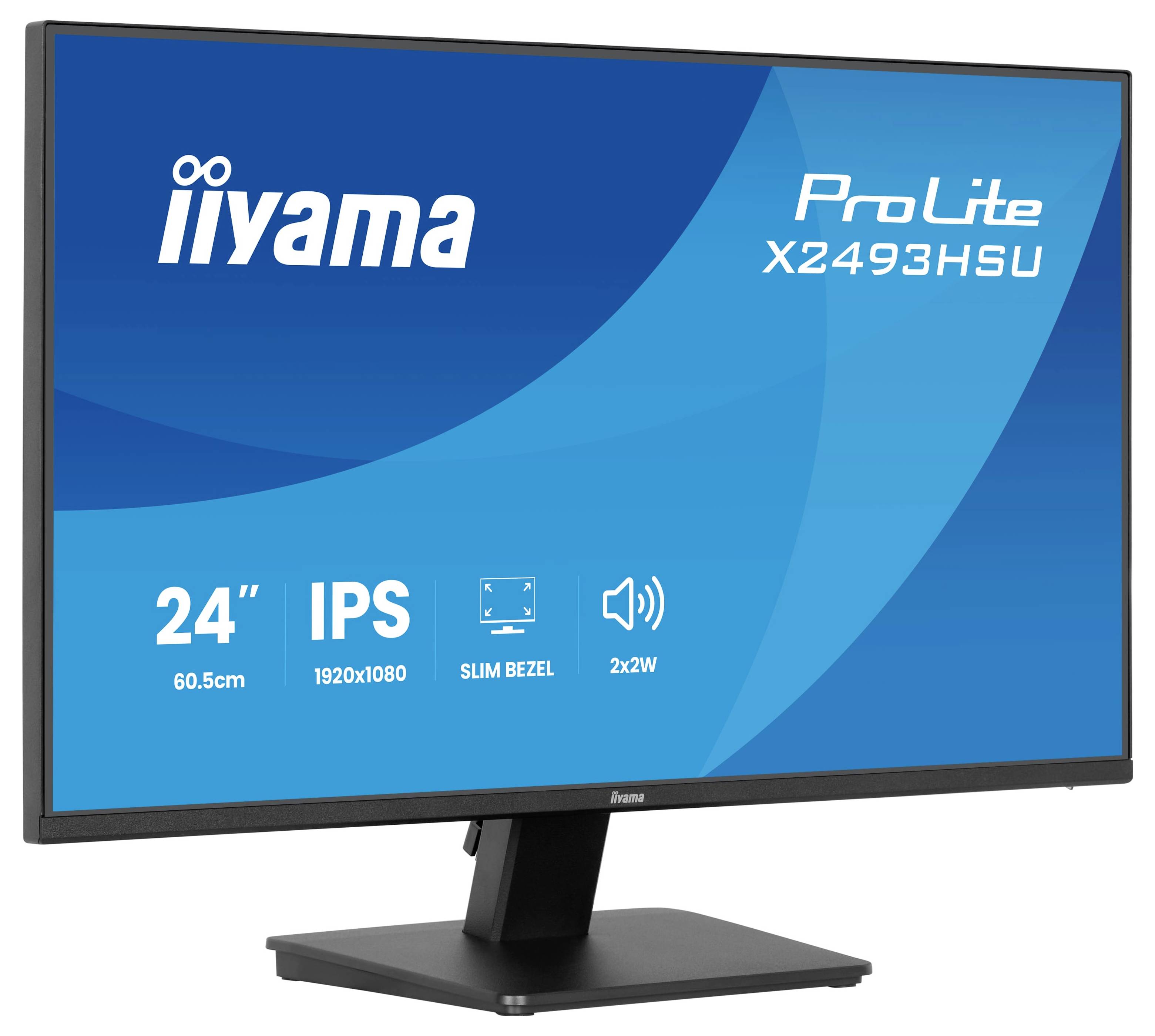 Monitor se specifikacemi: '24" IPS, 1920x1080, Slim Bezel, 2x2W reproduktory'. Model 'iiyama ProLite X2493HSU'.