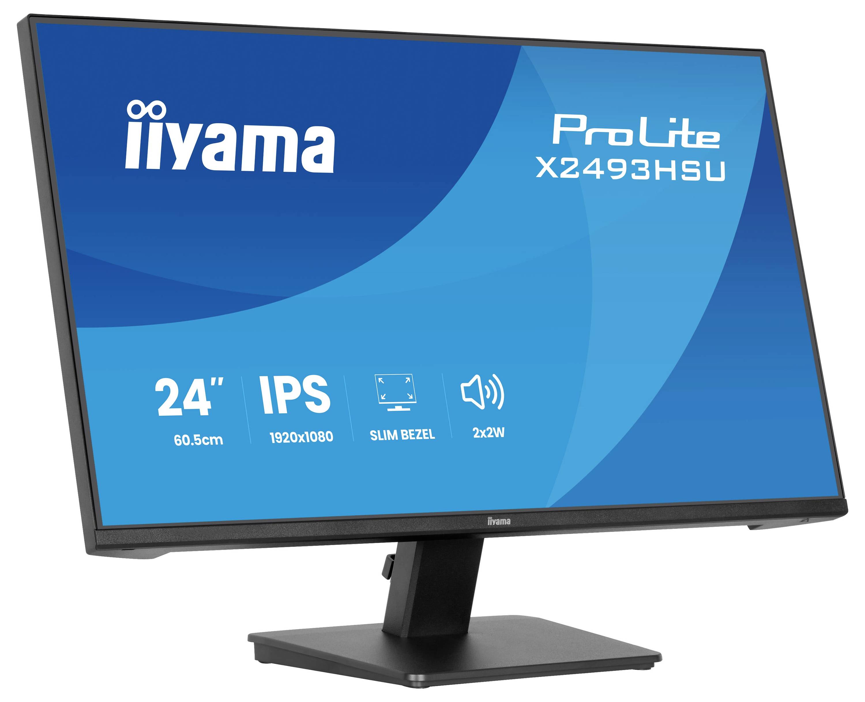 Monitor s nápisem "iiyama ProLite X2493HSU" na obrazovce, velikost 24", rozlišení 1920x1080, IPS panel, tenký design rámečku.