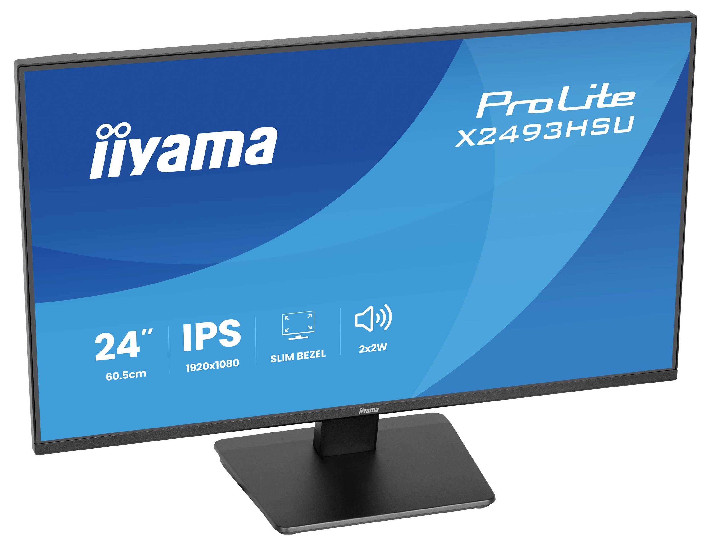 24palcový monitor iiyama ProLite s technologií IPS, rozlišením 1920x1080, tenkým rámečkem a duálními 2W reproduktory.