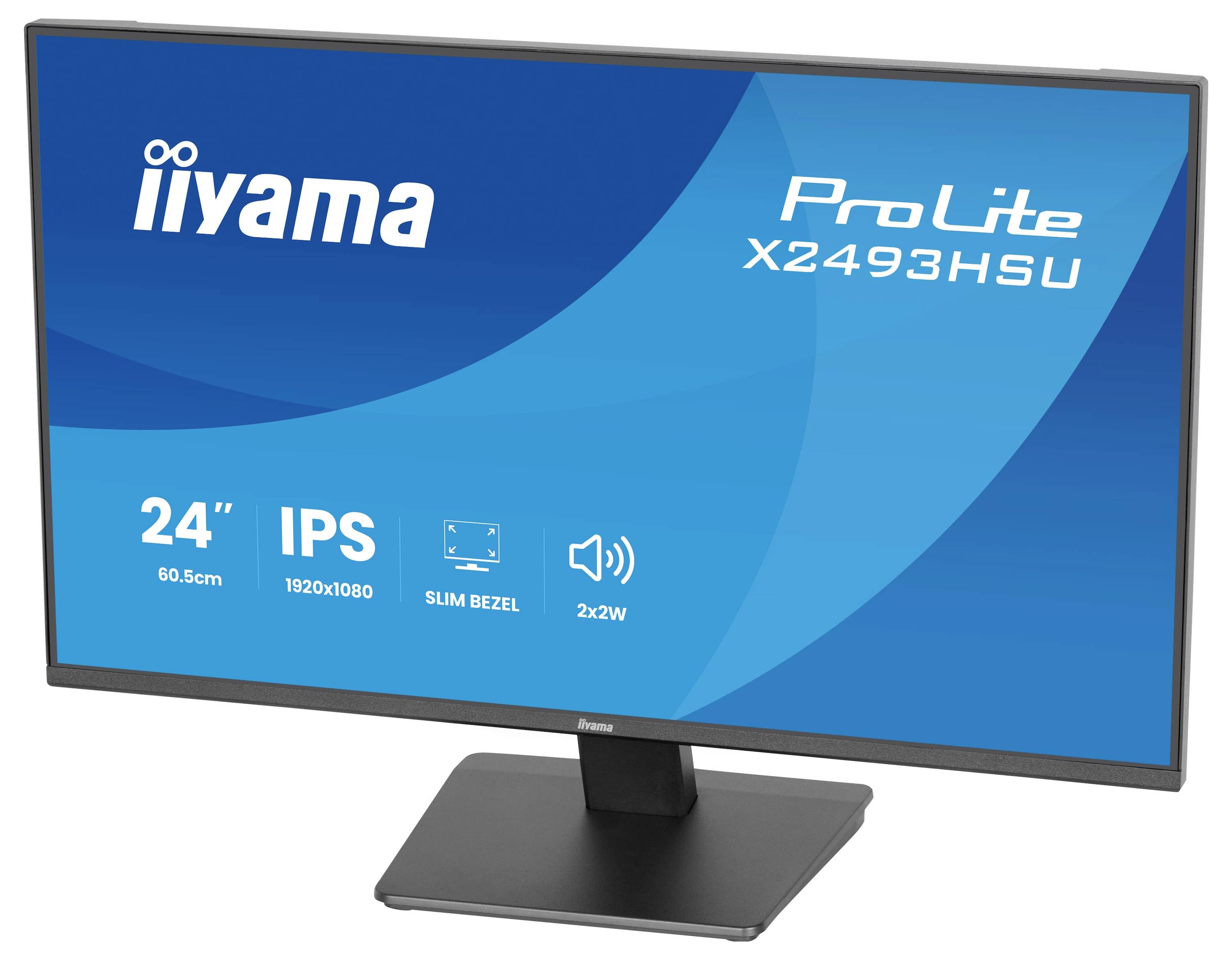 Widescreen monitor zobrazující "iiyama ProLite X2493HSU" s funkcemi: 24 palců, IPS, rozlišení 1920x1080, tenký rámeček, 2x2W reproduktory.