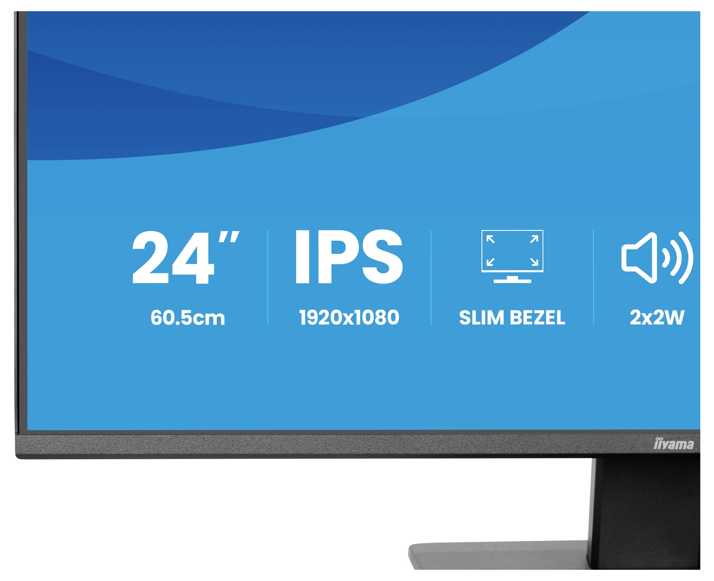 Obrazovka monitoru zobrazující specifikace: '24" (60,5cm), IPS, 1920x1080, Slim Bezel, 2x2W reproduktory'.