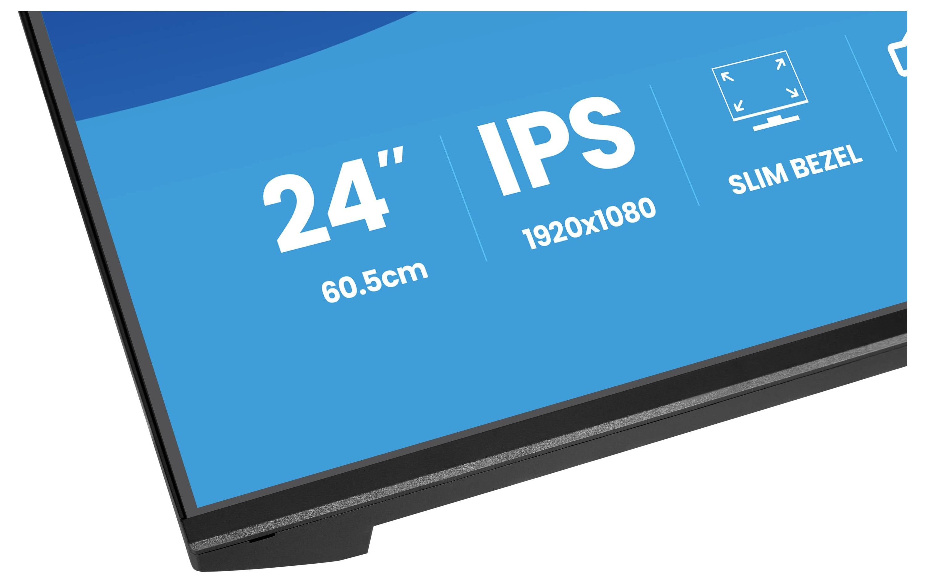 Na obrázku je vidět roh monitoru zobrazující specifikace: '24" (60,5 cm)', 'IPS', '1920x1080', 'Slim Bezel' na modrém pozadí.