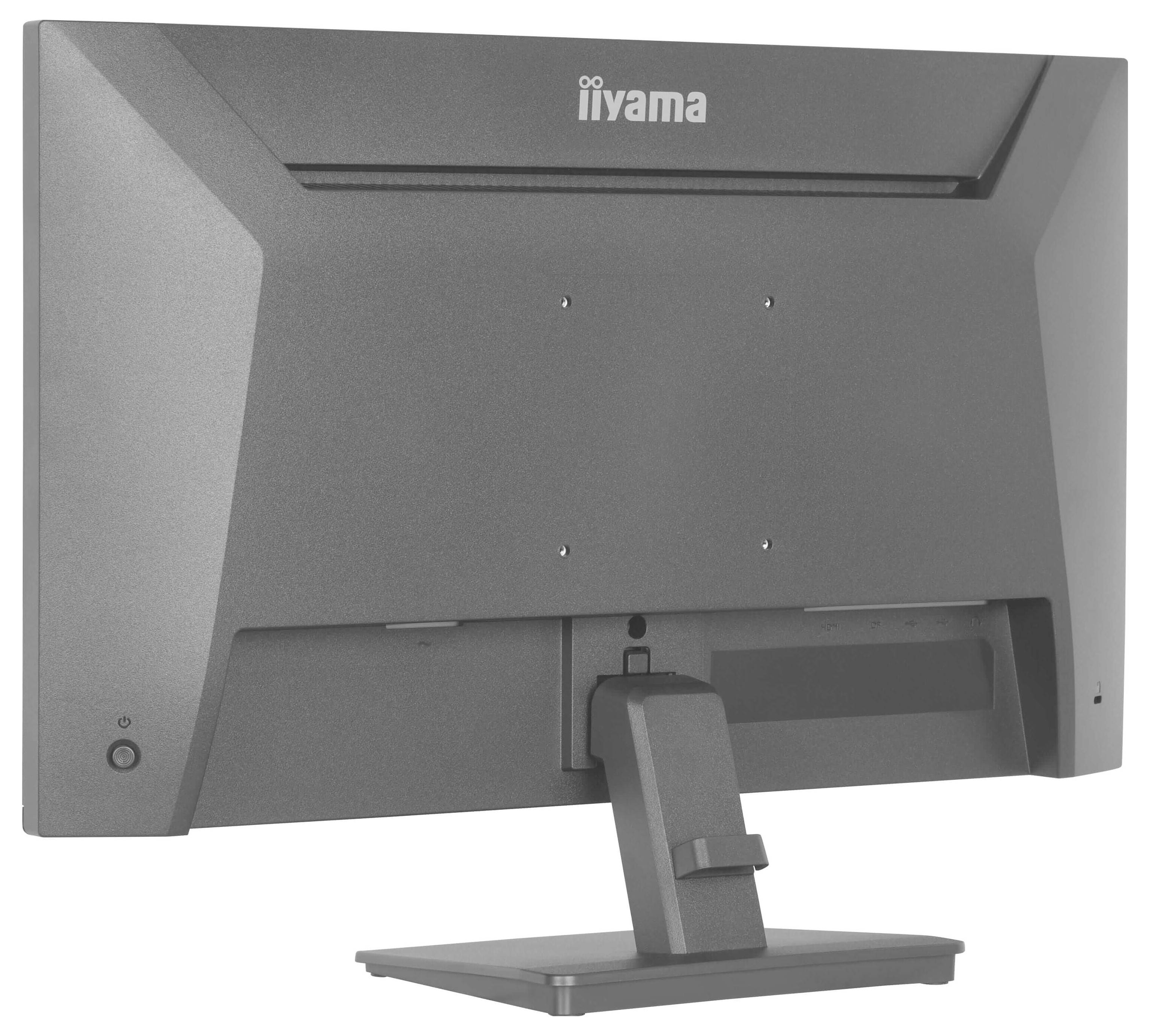 Obrázek ukazuje zadní pohled na počítačový monitor na stojanu s nápisem „iiyama" v horní střední části. Monitor má elegantní design.
