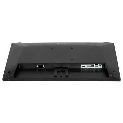 Na obrázku je vidět zadní strana monitoru s viditelnými porty, včetně HDMI, USB a Ethernetu, obklopené zapuštěným panelem.