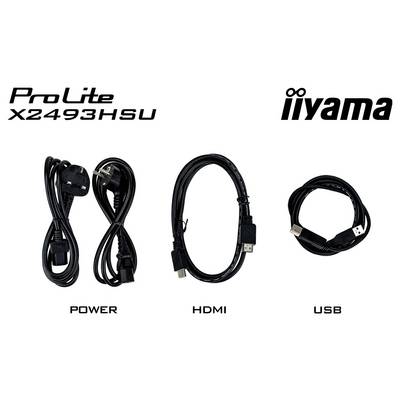 Kabely „Iiyama ProLite X2493HSU": napájecí kabel, HDMI kabel, USB kabel zobrazené na bílém pozadí.