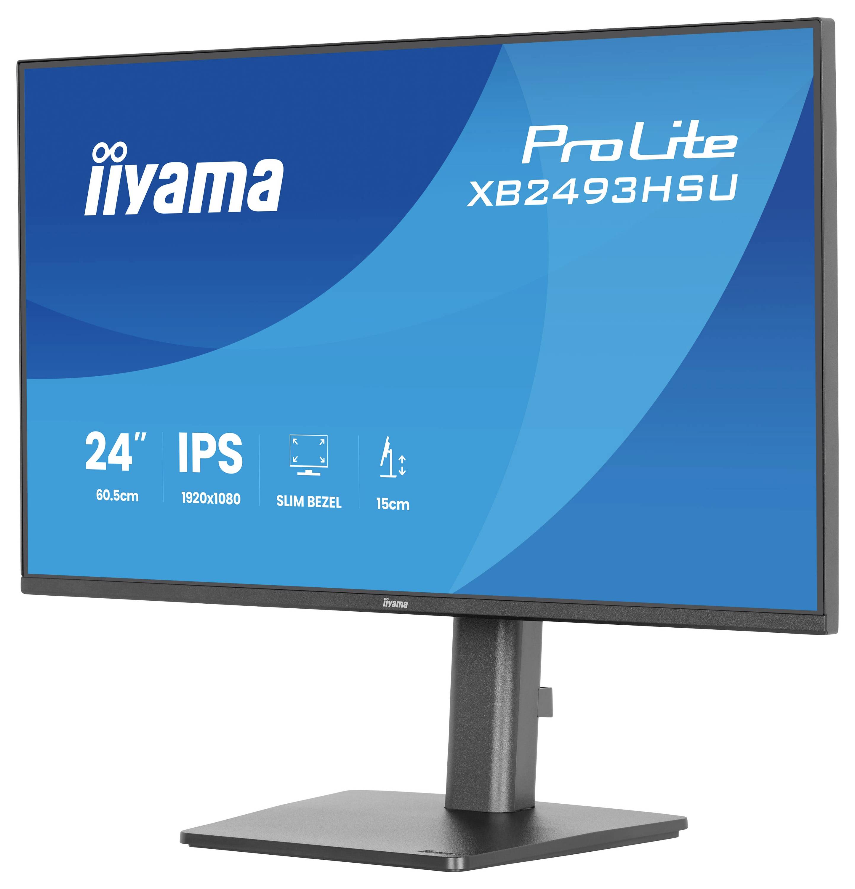 "ProLite XB2493HSU Monitor" zobrazený na obrazovce. Vlastnosti: 24palcový, IPS, rozlišení 1920x1080, tenký rámeček, nastavitelnost 15cm. Logo značky v levém horním rohu.