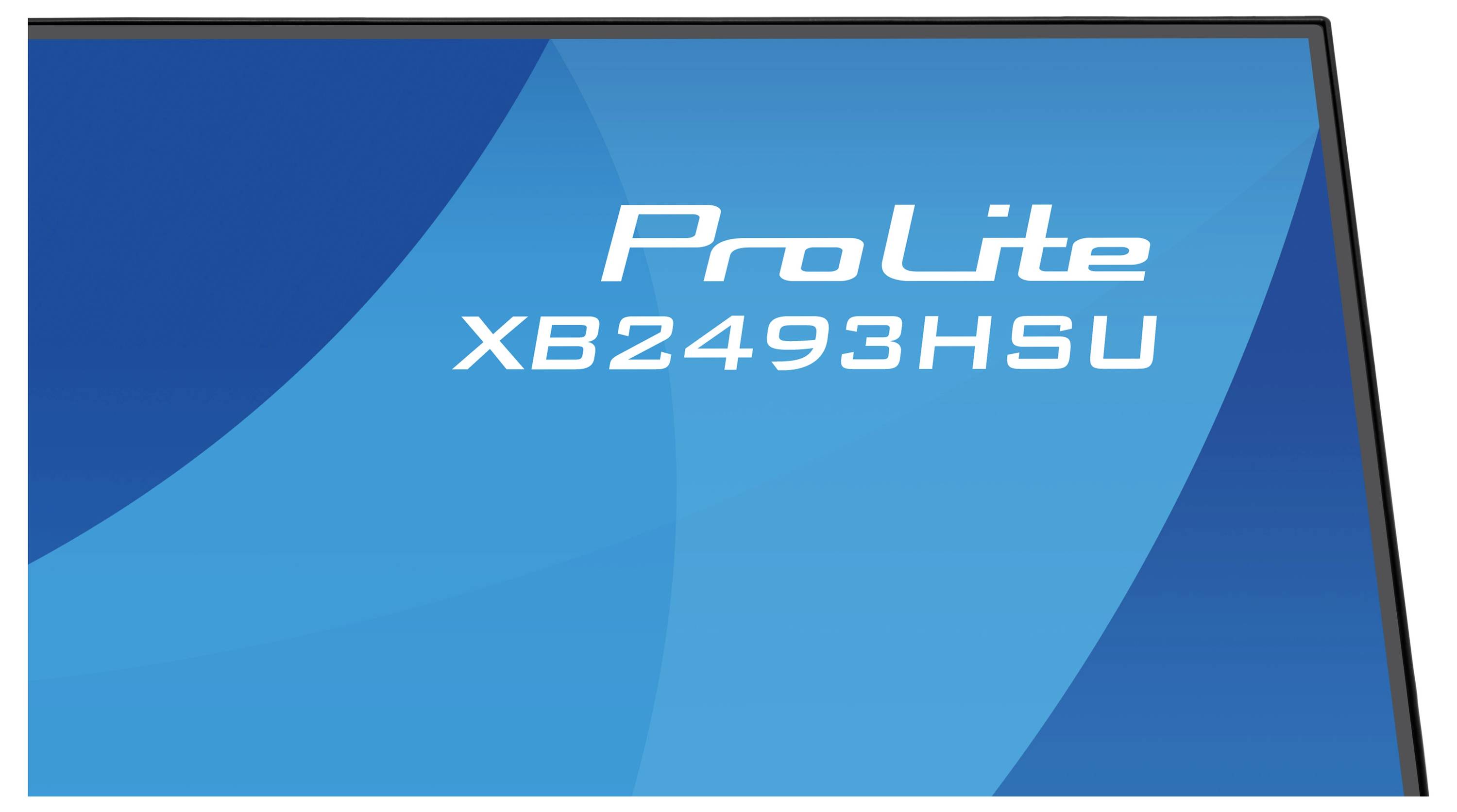 'ProLite XB2493HSU' text na modrém, zakřiveném pozadí.