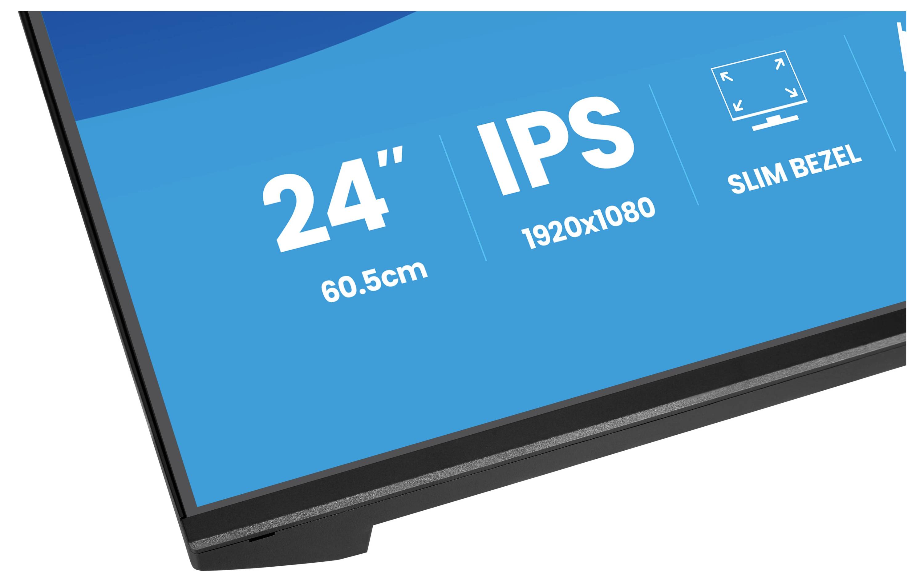 „Roh počítačového monitoru zobrazující na obrazovce „24" 61,3 cm," "IPS 1920x1080" a "Tenký rámeček"."