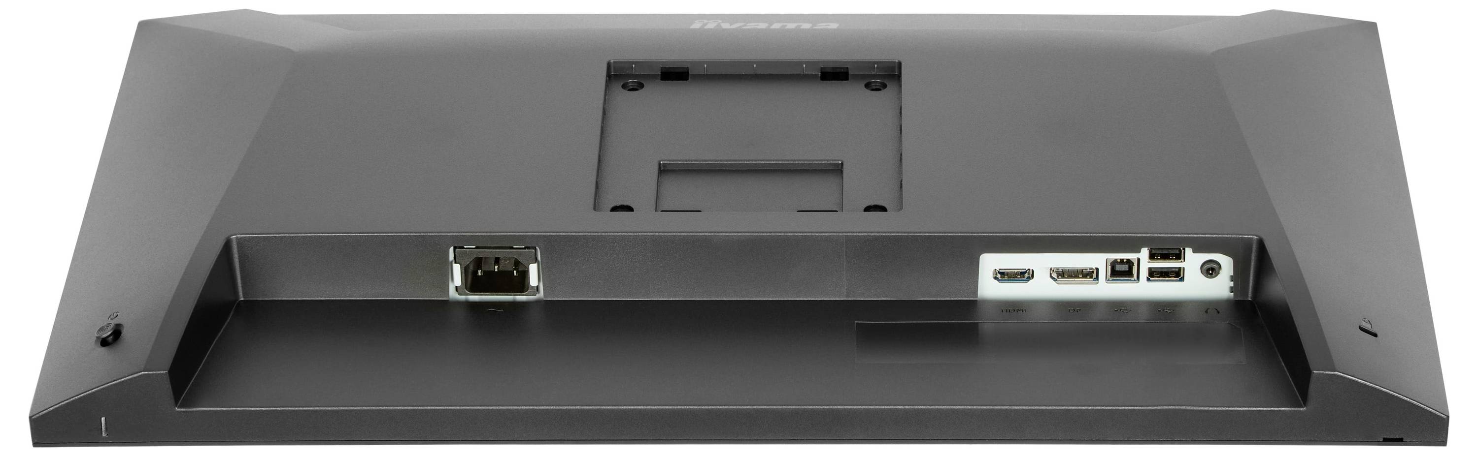 Pohled zezadu monitoru ukazující různé porty včetně HDMI, USB a napájecích konektorů, navržené pro připojování různých zařízení.