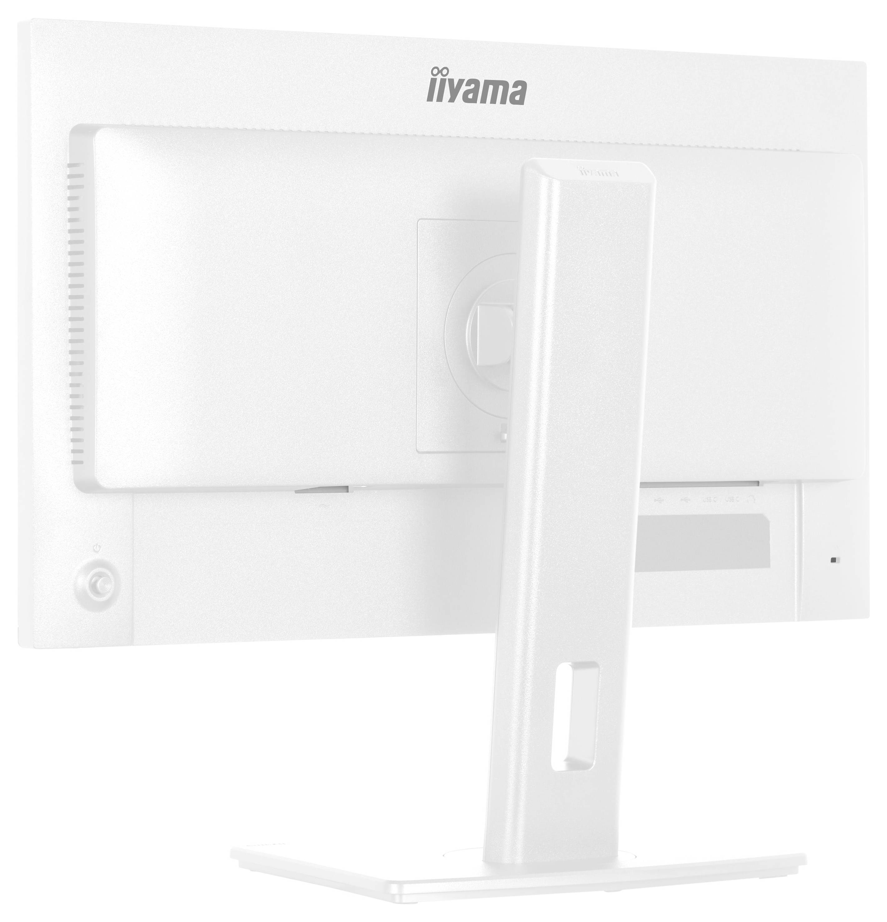 Bílý počítačový monitor iiyama fotografovaný zezadu, zobrazující obdélníkový stojan a různé porty.