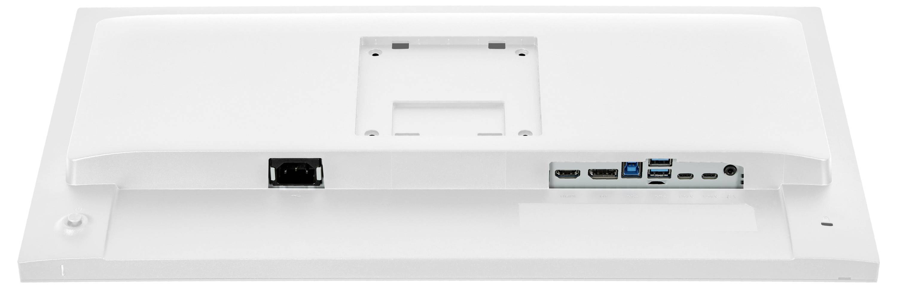 Zadní pohled na počítačový monitor zobrazující porty: HDMI, USB, DisplayPort a audio. Napájecí vstup je na levé straně. Jsou viditelné sloty pro upevnění.