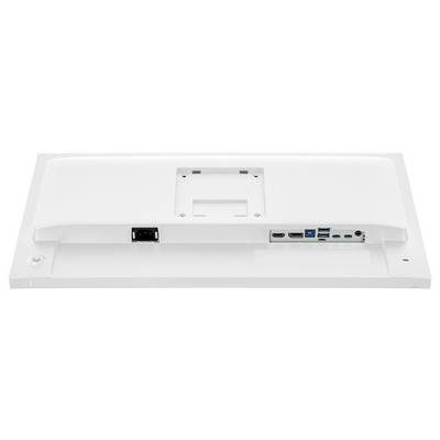 Zadní pohled na počítačový monitor zobrazující porty: HDMI, USB, DisplayPort a audio. Napájecí vstup je na levé straně. Jsou viditelné sloty pro upevnění.