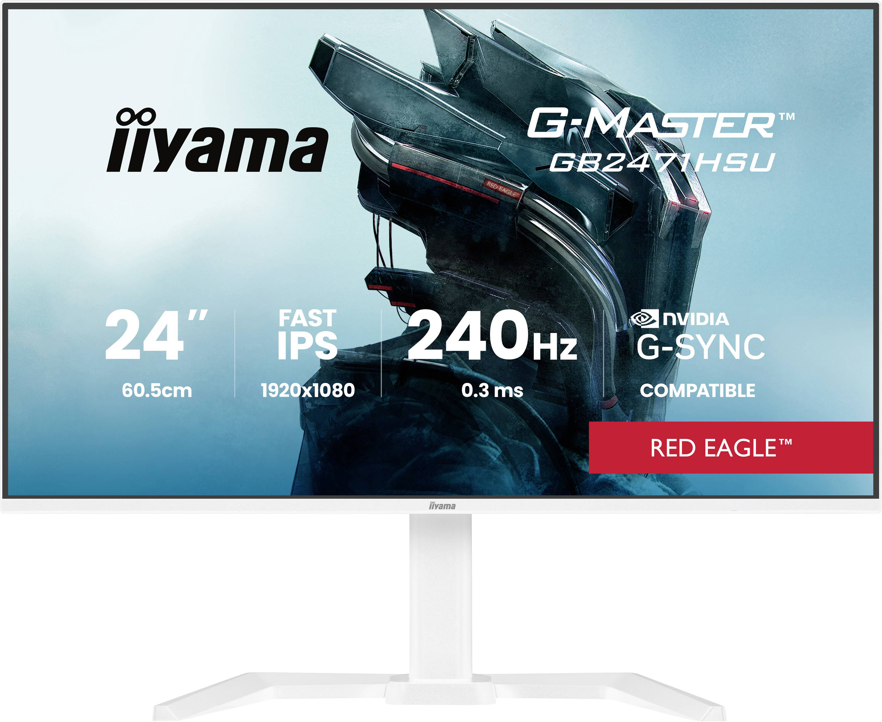 Herní monitor 'Iiyama G-Master GB247HHSU'. Vlastnosti: 24palcový displej, rychlá IPS technologie, rozlišení 1920x1080, obnovovací frekvence 240Hz, doba odezvy 0,3ms, kompatibilní s NVIDIA G-SYNC, řada Red Eagle.