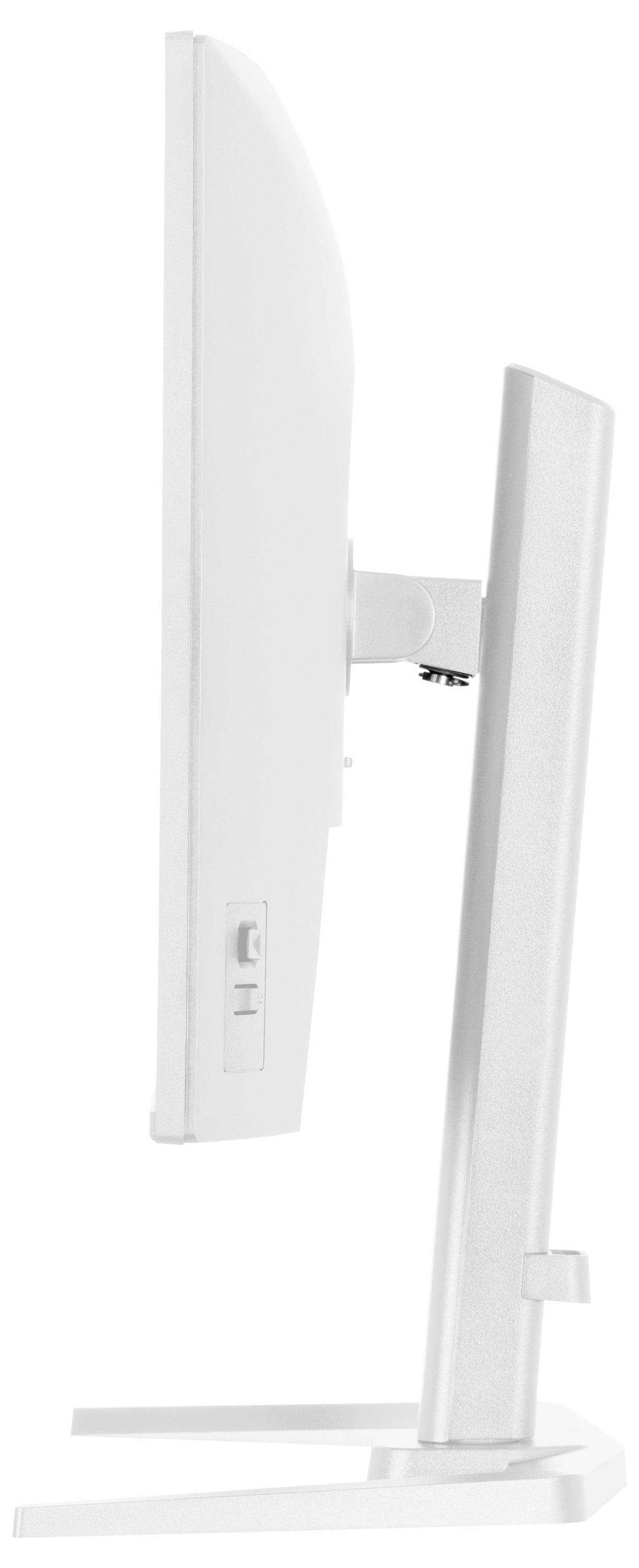 Boční pohled na bílý počítačový monitor s tenkou podstavou, který zdůrazňuje jeho tenký a elegantní design.
