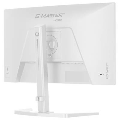Bílý herní monitor iiyama G-Master je zobrazen zezadu a zdůrazňuje jeho nastavitelný stojan a elegantní design.