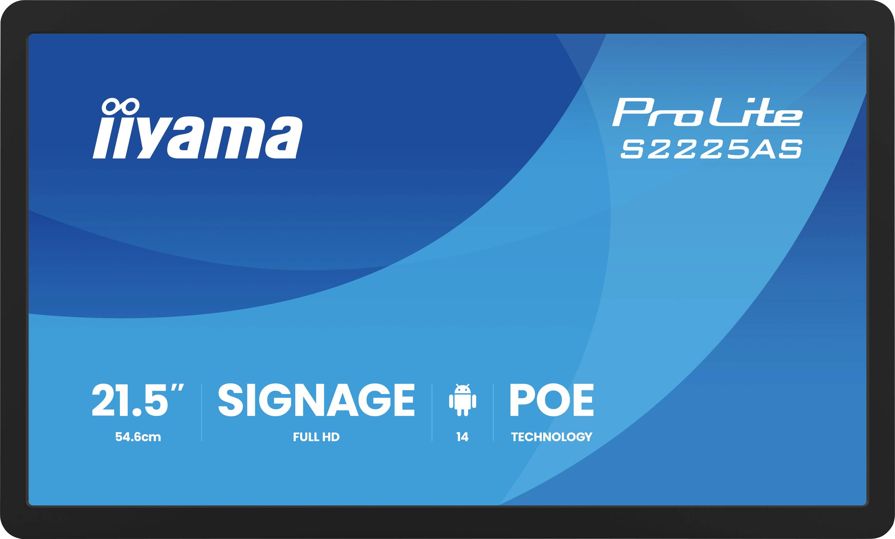 Displej 'Iiyama ProLite S2225AS'. Vlastnosti: 21,5 palců, Full HD, technologie POE. Modrá obrazovka s informacemi o značce a modelu.