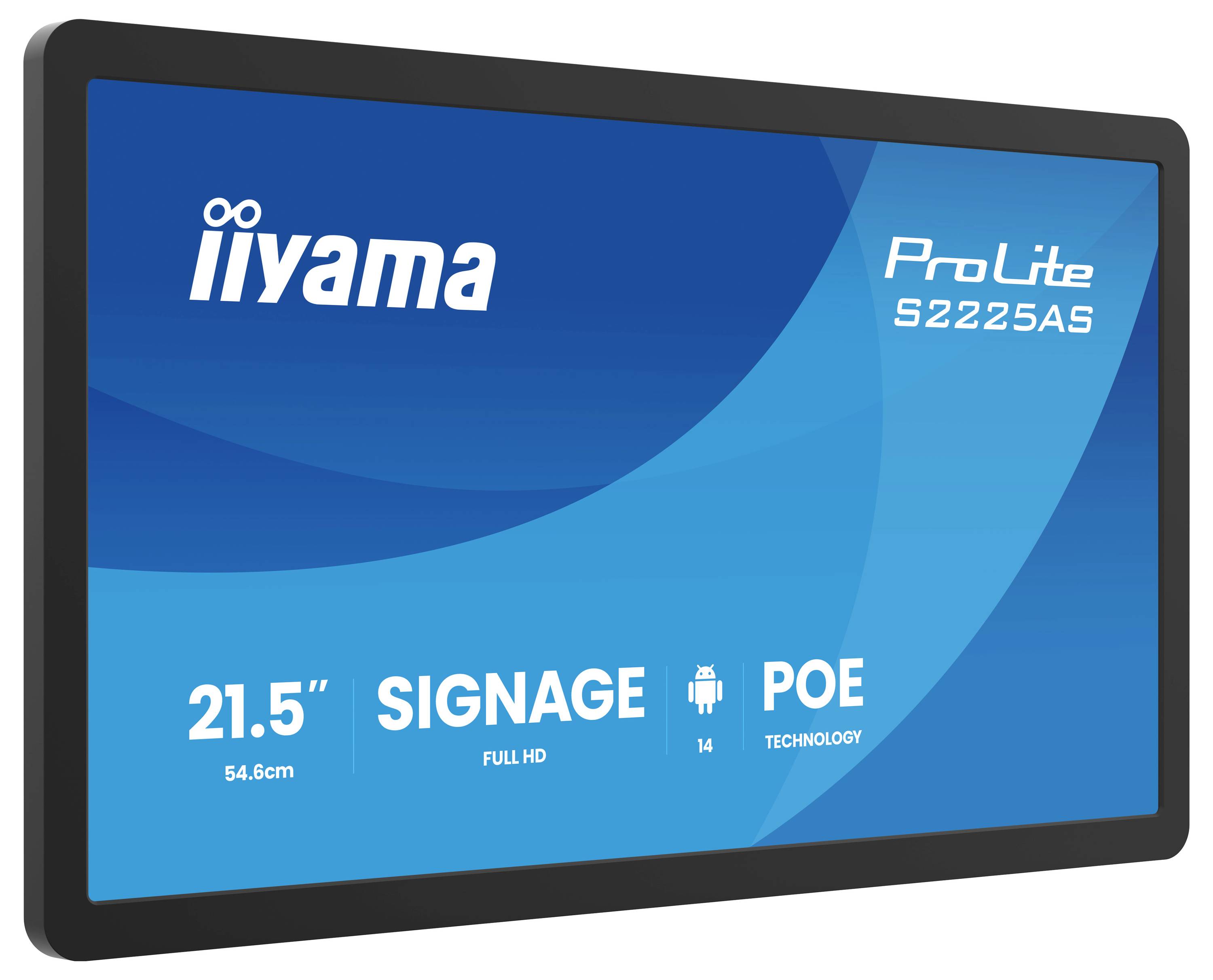 Digitální displej „ProLite S2225AS"; 21,5" obrazovka, rozlišení Full HD, operační systém Android, technologie POE, od společnosti iiyama.