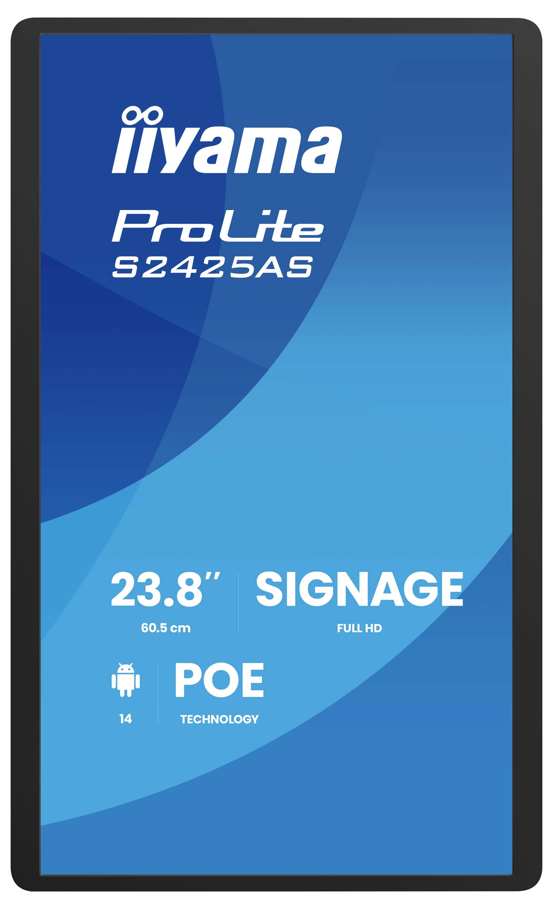 'Modrý displej digitální výstražní tabule zobrazující iiyama ProLite S2425AS. Text: 23,8", 60,5 cm, SIGNAGE, FULL HD, POE technologie, 14.'