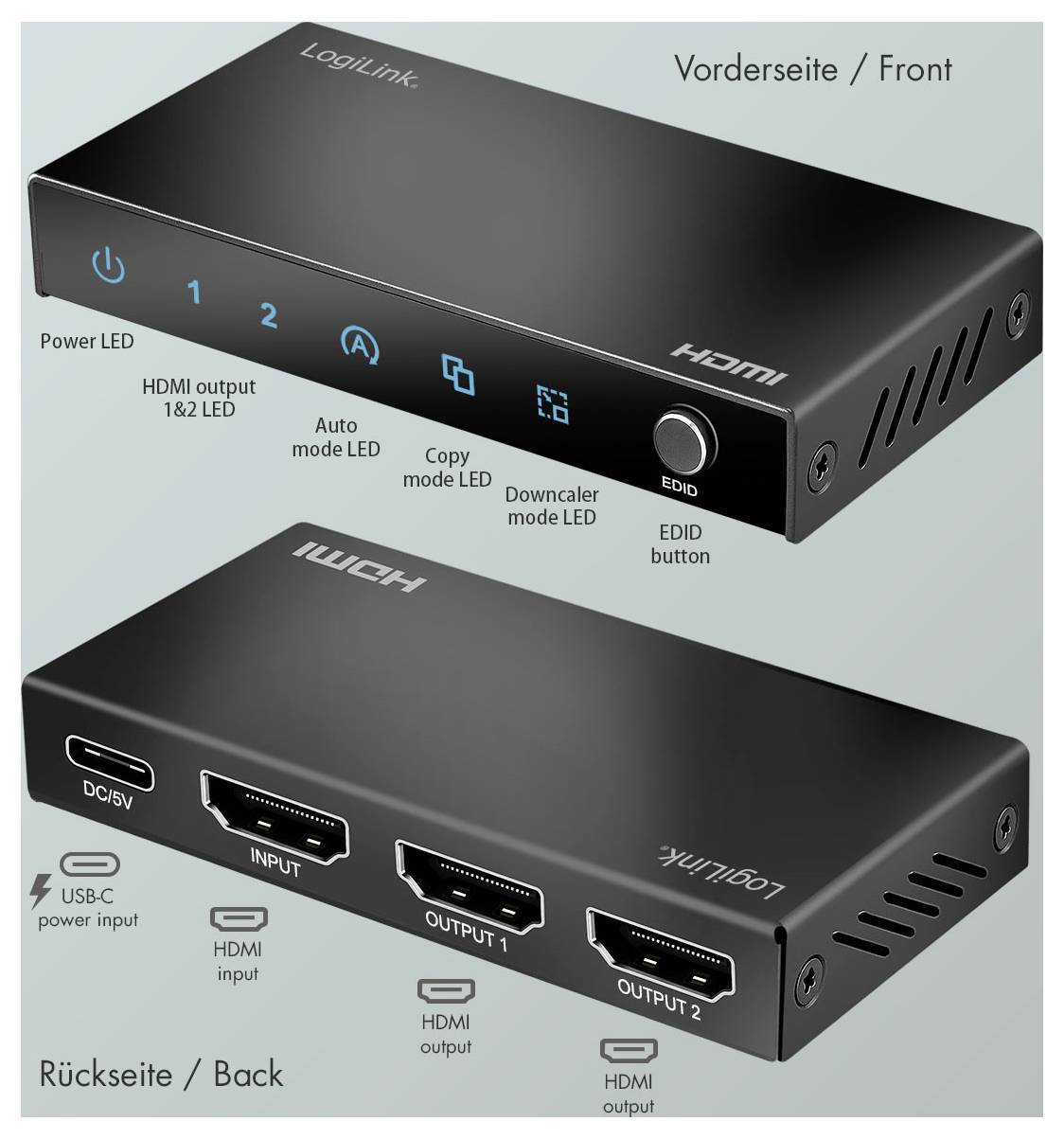 LogiLink HD0066 HDMI rozbočovač LED ukazatel, kovový ukazatel, se stavovými LED černá-2