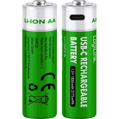 Dvě zelené baterie AA, jedna zobrazující port USB-C pro nabíjení. Text na baterii: 'Li-ION AA', 'USB-C Nabíjecí baterie', '1.5V 1850mAh 2775mWh'.