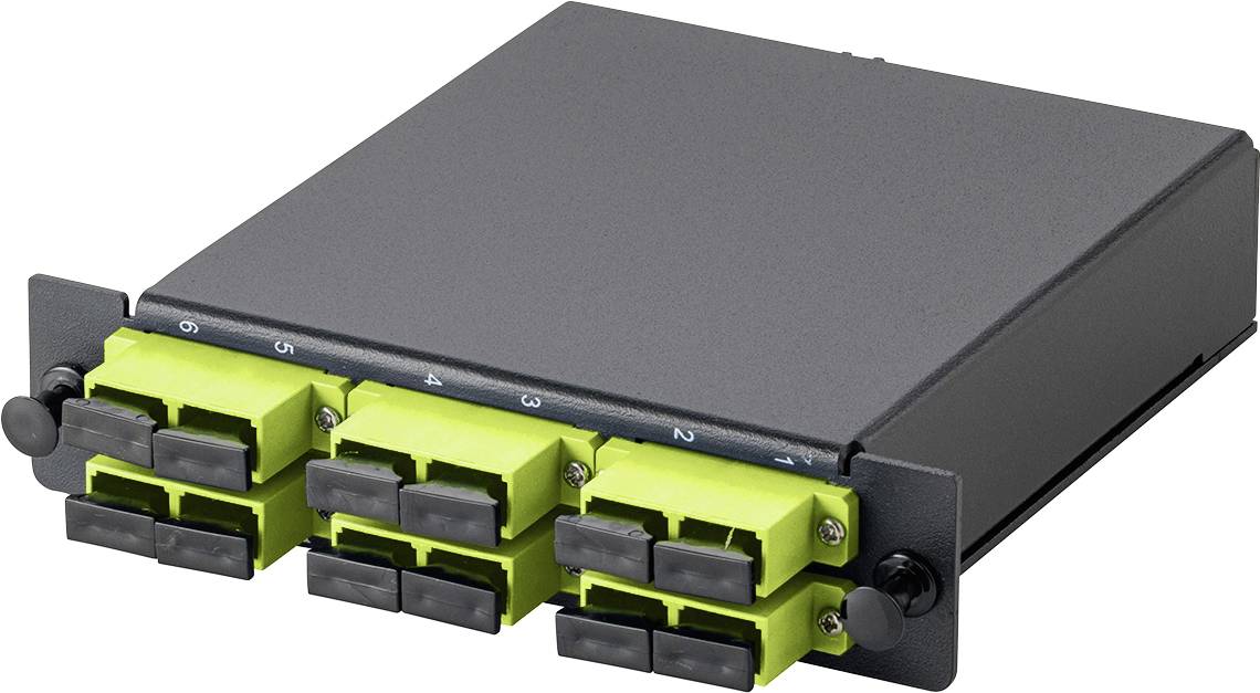 Obdélníkový optický patch panel s 12 zelenými konektory, používaný pro síťová připojení, v černé skříni.