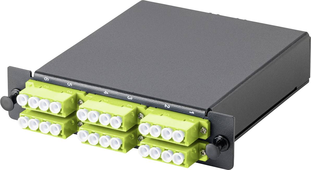 Obdélníkový černý panel optických vláken s více zelenými LC konektory uspořádanými ve dvou řadách, používaný pro správu síťových kabelů.