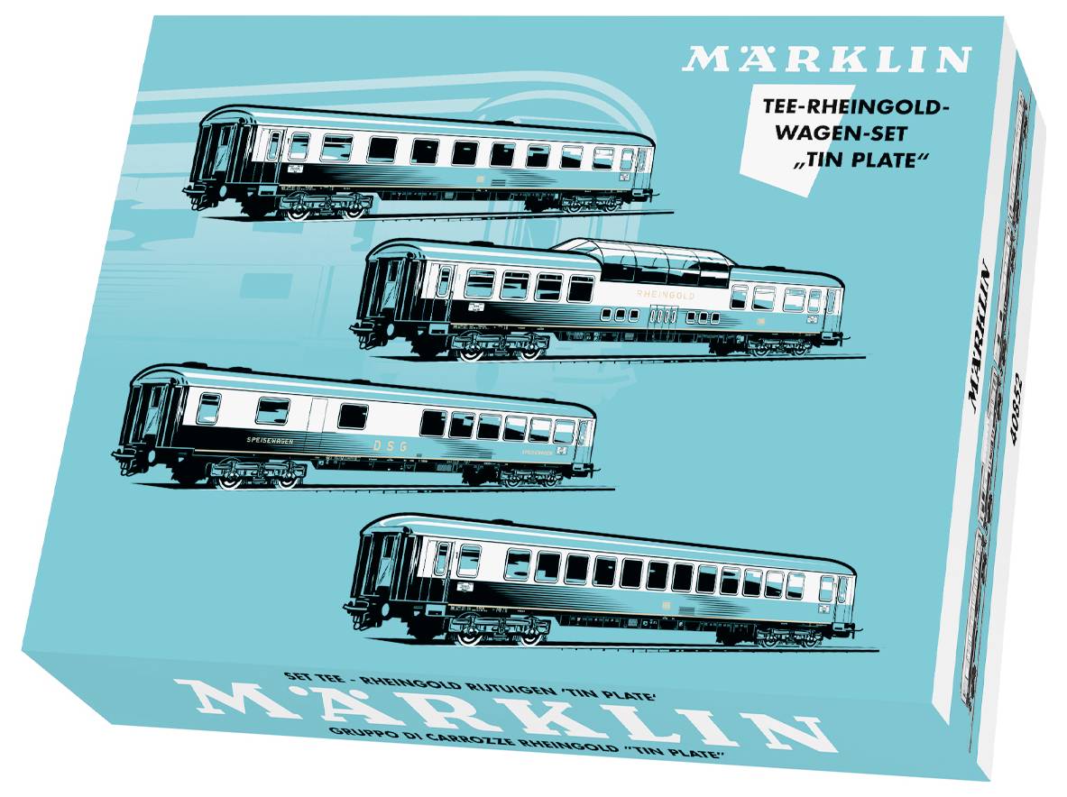 Krabice s ilustracemi čtyř vintage vlaků označené 'TEE Rheingold Wagen-Set' od společnosti Märklin.