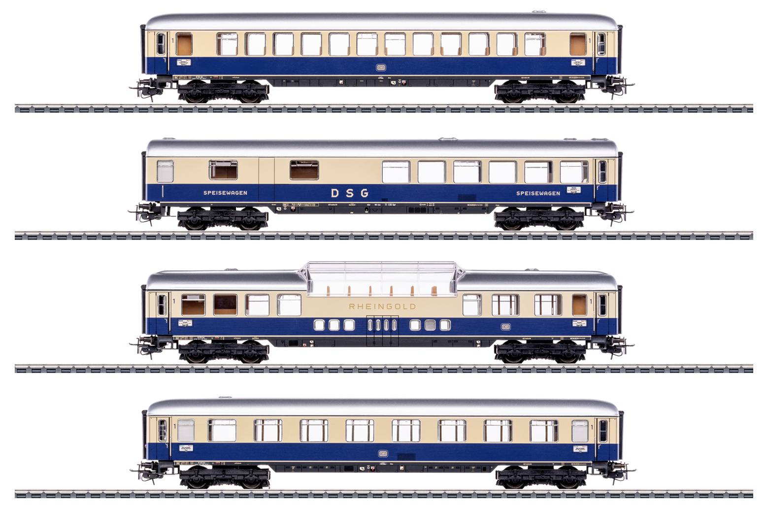 Čtyři modely kolejnic zarovnány vodorovně. Každý má jiný styl s charakteristickými modrými a béžovými barvami. Vozy obsahují nápisy DSG a Rheingold.