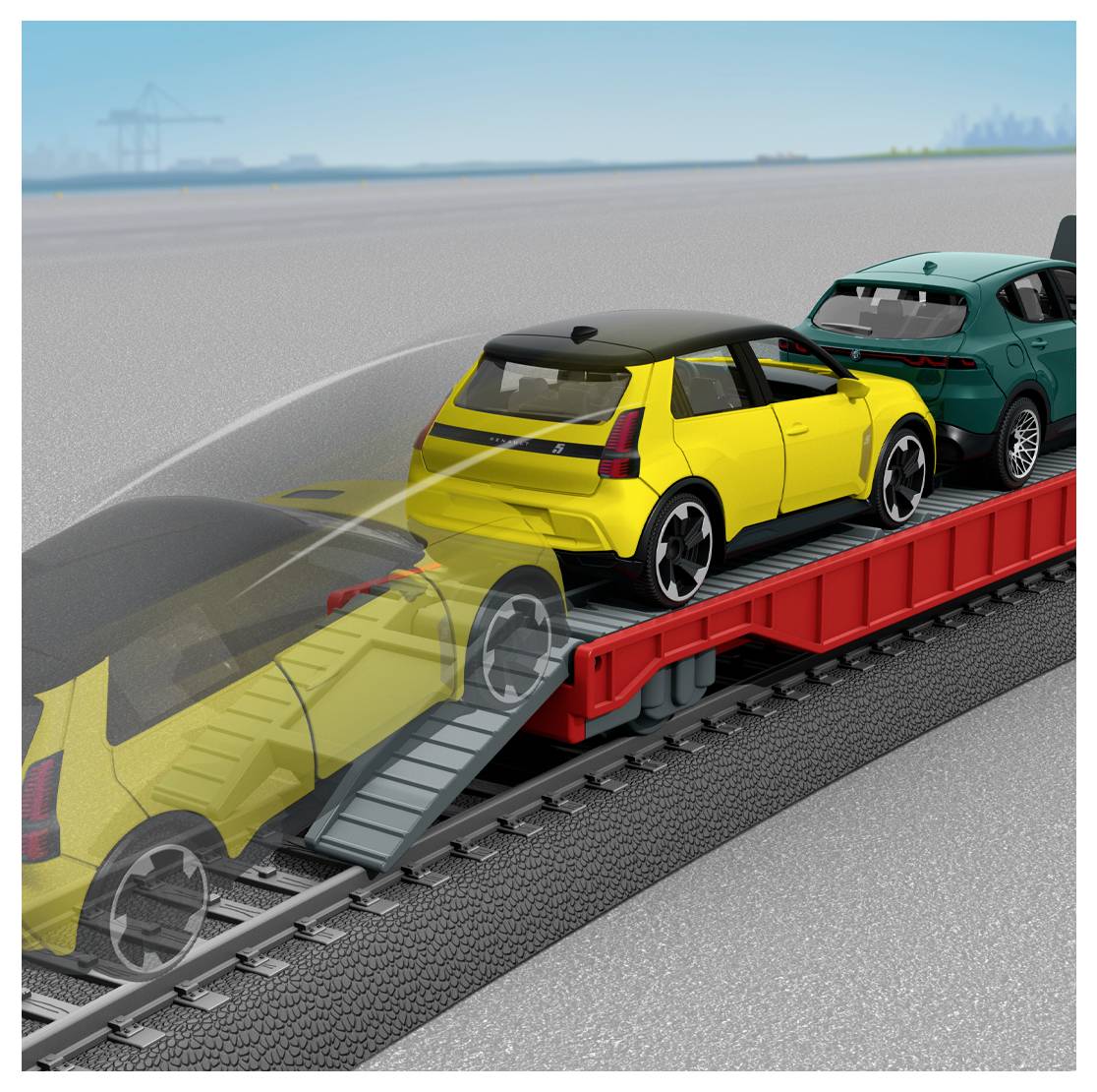 Žlutý automobil je zobrazen jak se valí po rampě na červený vlakový náklad, což ilustruje proces naložení vozidla, s dalším automobilem již naloženým.