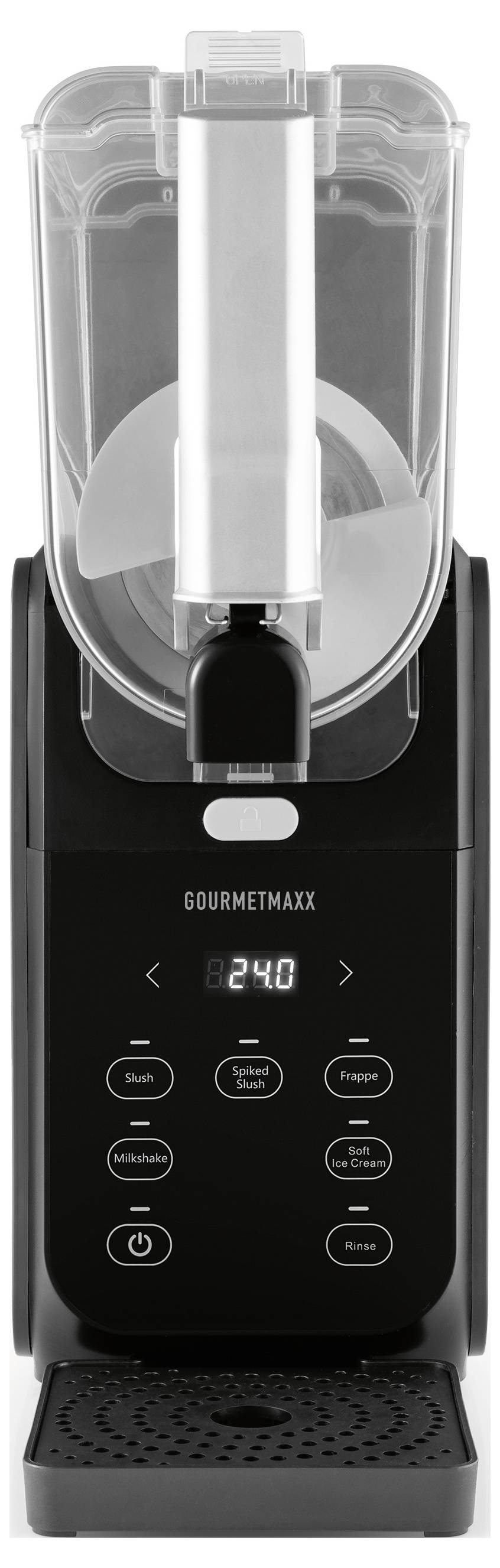 Elegantní černý a stříbrný kuchyňský spotřebič s digitálním displejem a ovládacími tlačítky pro různé funkce, vhodný na přípravu jídla.