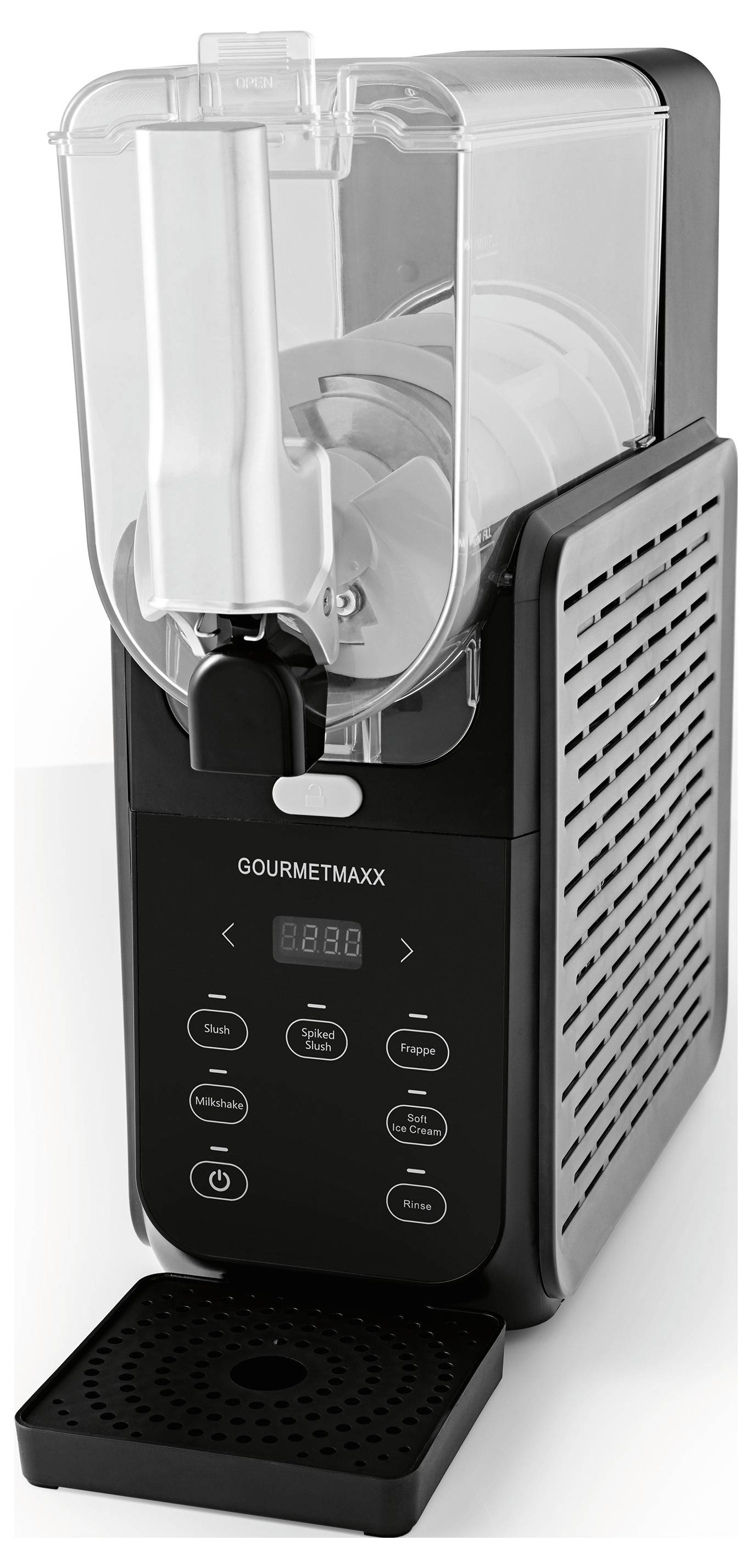 Zmrzlinář s digitálním displejem, různými tlačítky a odnímatelným tácem.