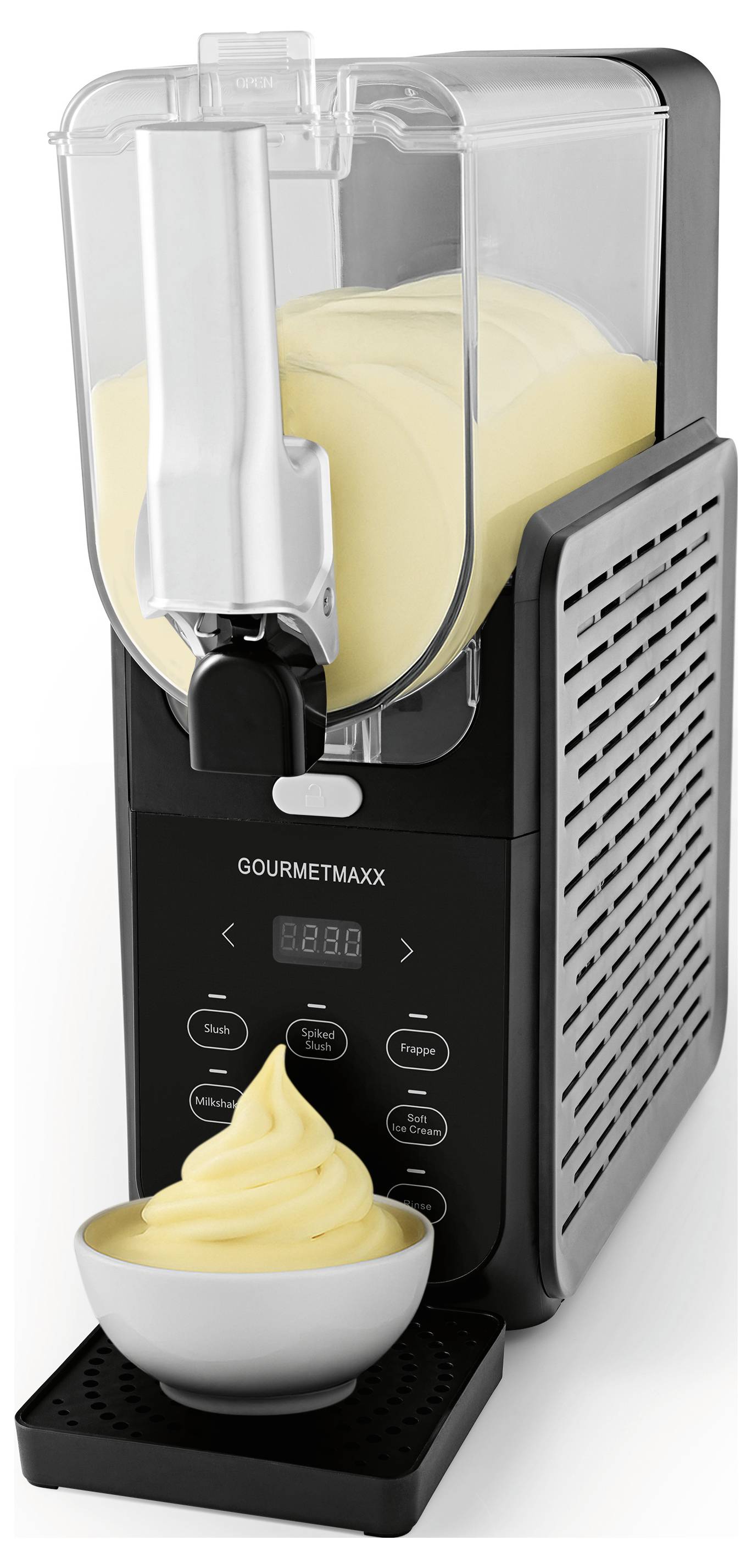 Stroj na zmrzlinu typu soft-serve, který dávkuje vanilkovou zmrzlinu do misky. Stroj má digitální ovládání a je značkou 'Gourmetmaxx'.