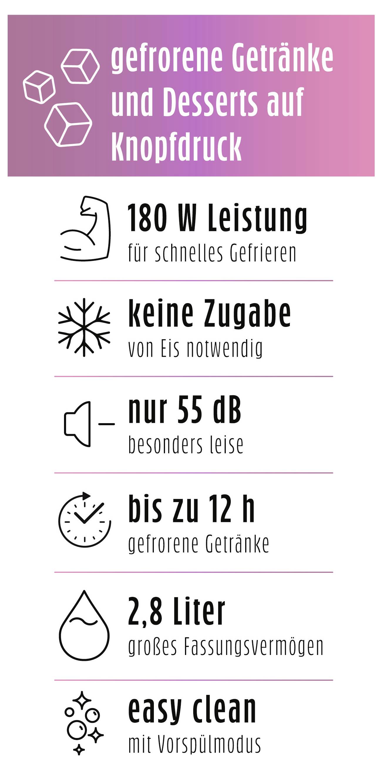 'Zmrazené nápoje a dezerty na stisk tlačítka', 180W pro rychlé zmrazování, bez potřeby přidávání ledu, 55dB tichý provoz, zmrazeno až 12 hodin, kapacita 2,8 litru, snadné čištění.
