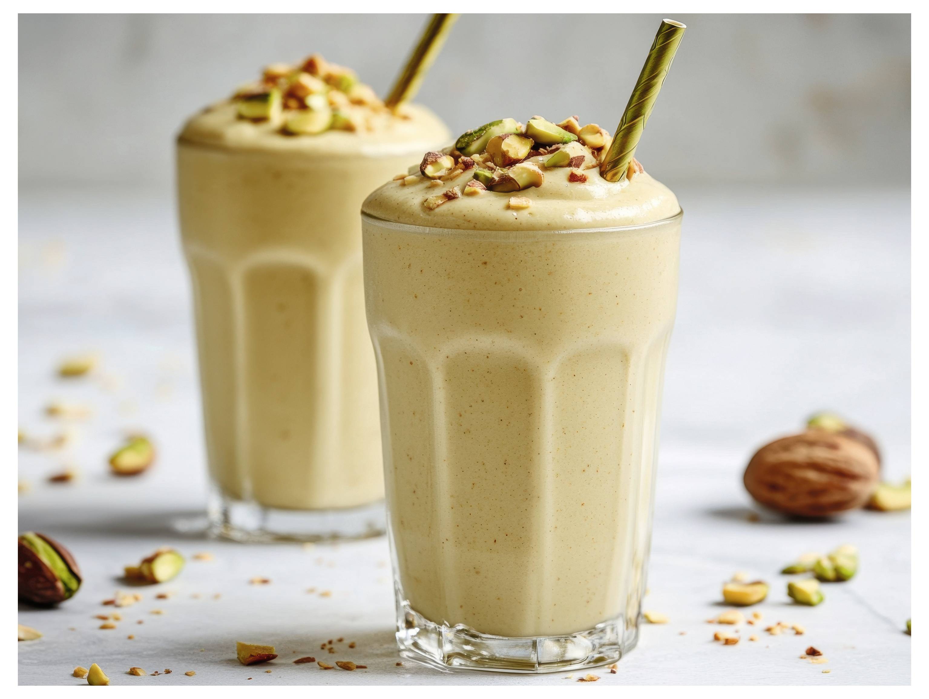 Dva sklenice banánového smoothie se sypáním nasekáných oříšků a brčkem na světlém pozadí.