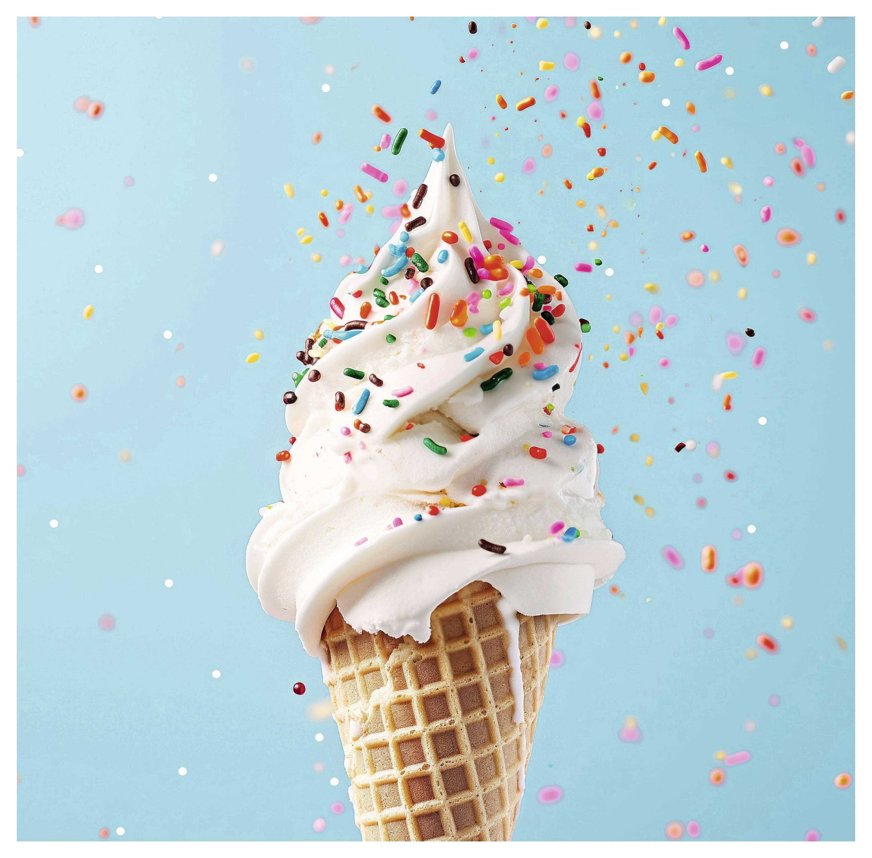 Vaflový kornout s vanilkovou zmrzlinou na soft serve, ozdobený barevnými posypem, na jasně modrém pozadí s padajícím posypem.