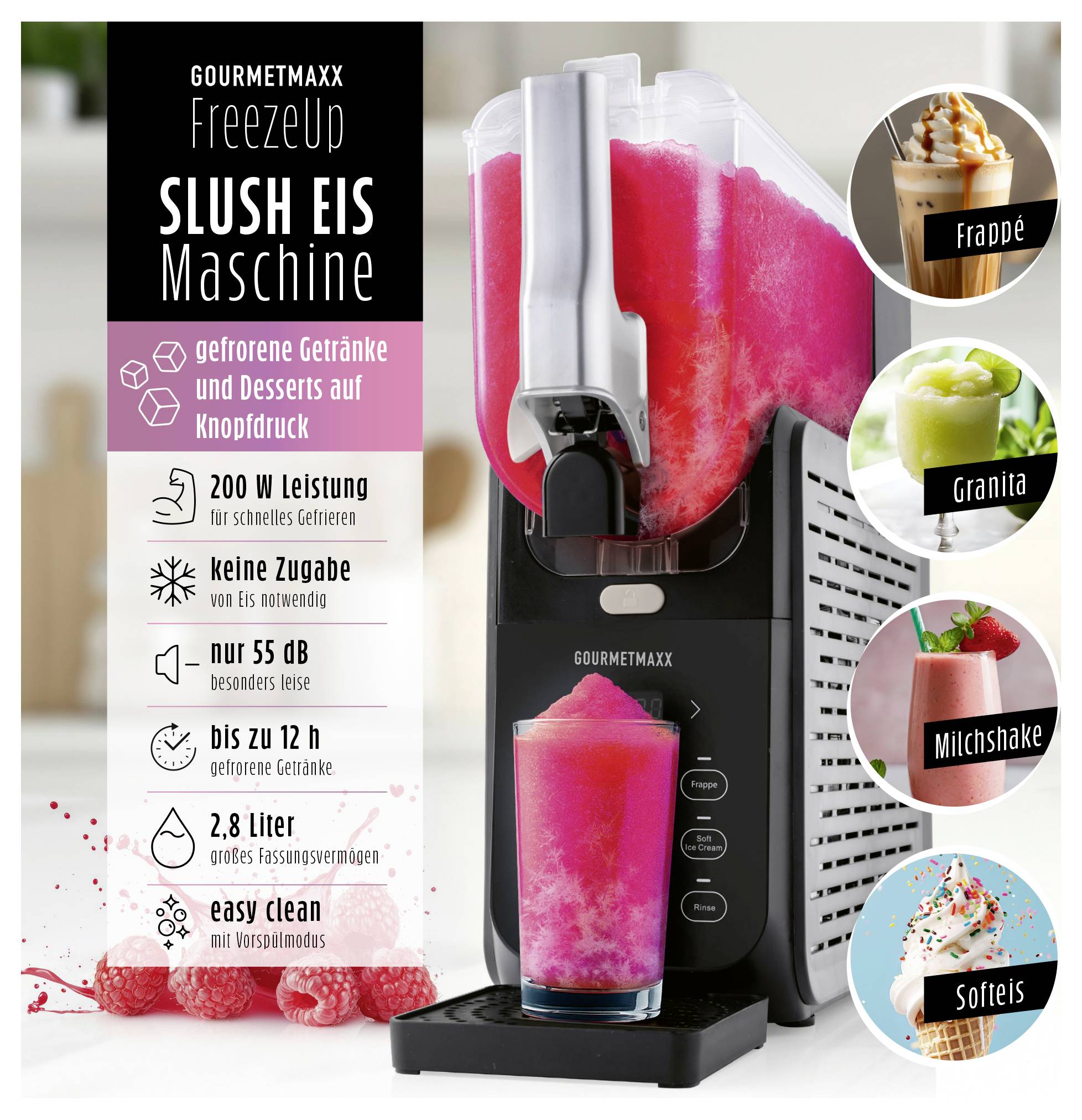 "GOURMETmaxx FreezeUp Slush Eis Maschine" – stroj se zobrazeným růžovým ledovým nápojem v sklenici. Mezi vlastnosti patří výkon 200W a kapacita 2,8L.