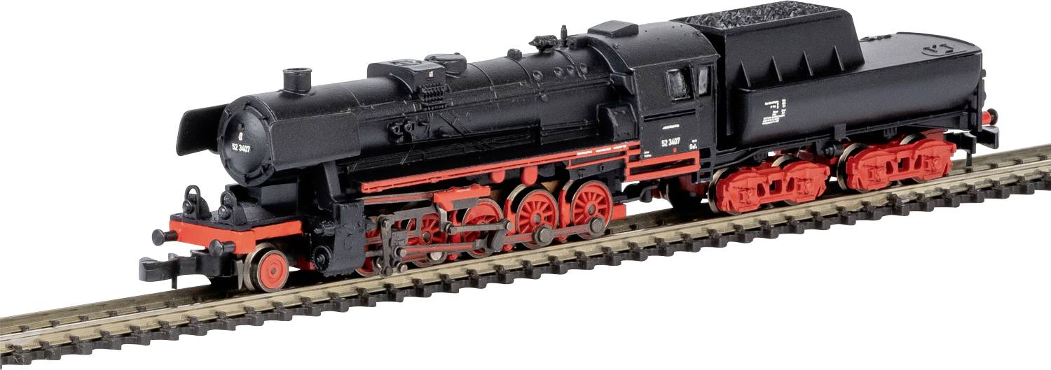 Černá a červená modelová parní lokomotiva na kolejnici, která vykazuje podrobný design a součástky, pozorovaná ze slabého úhlu.