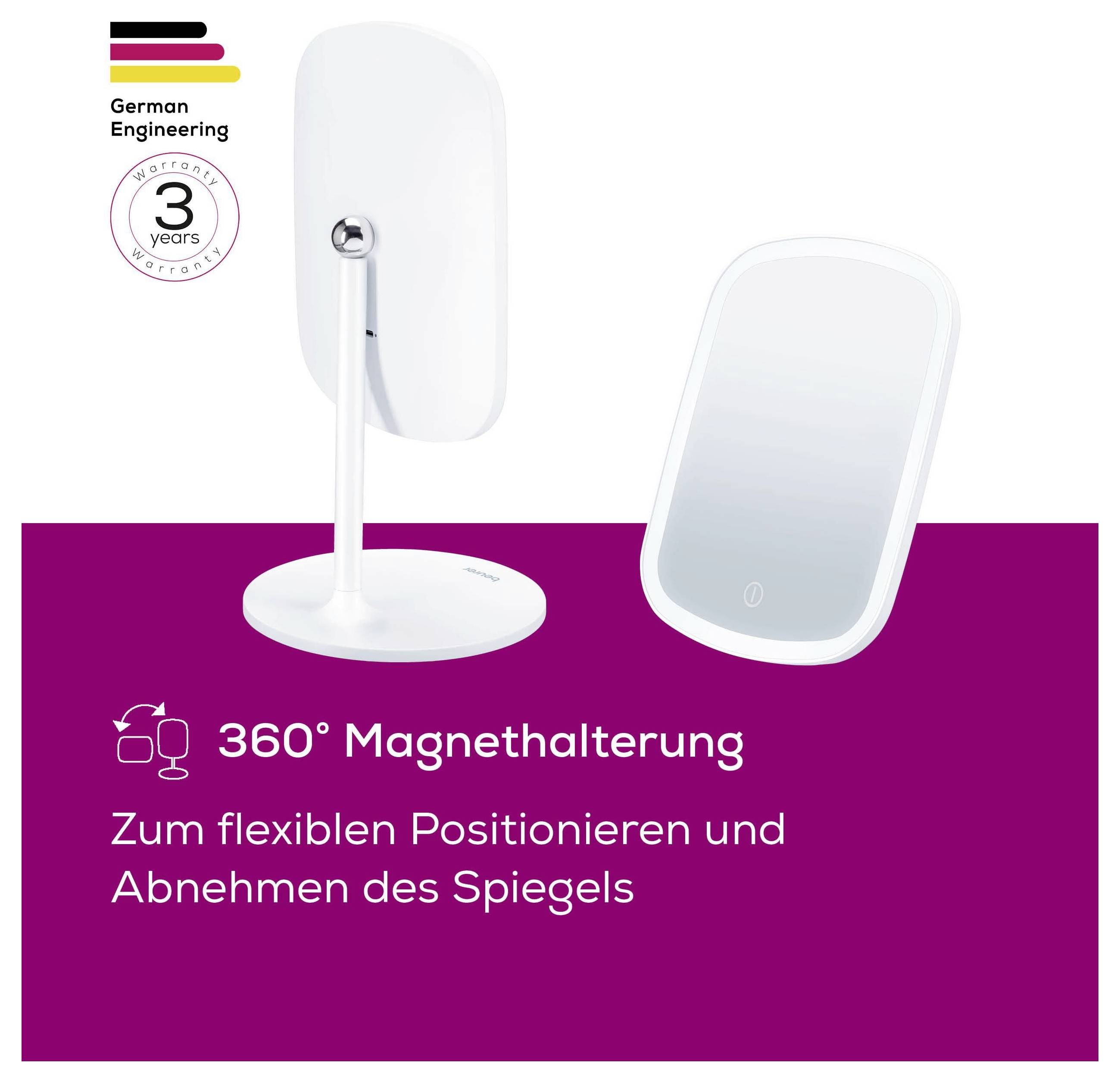 "Magnetické držáky 360°" snímek produktu, který prezentuje magnetické zrcadlo s flexibilním umístěním, zdůrazňující německé inženýrství a záruku na 3 roky.