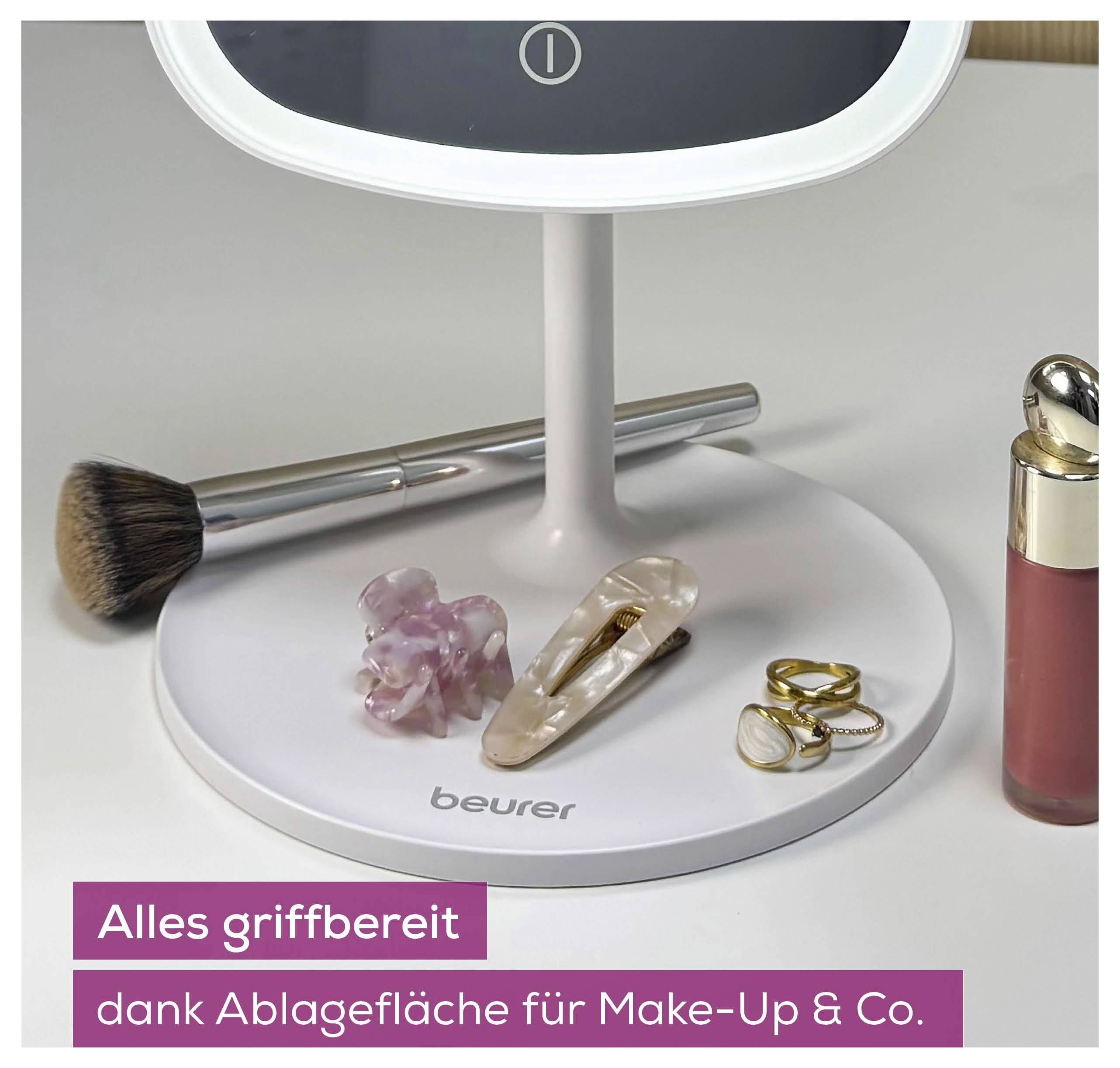 Malé zrcadlo na toaletní stolek s kulatou podstavou pojímá kartáč, rtěnku a doplňky. Text zní: „Vše po ruce díky polici na makeup a vybavení."