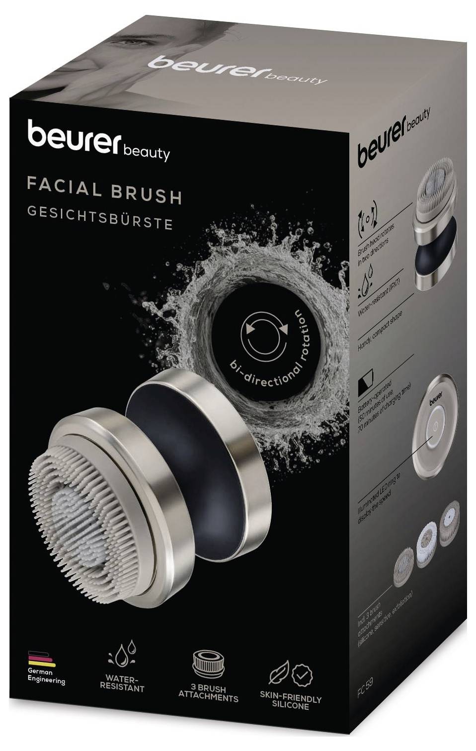 Balení 'Beurer Beauty Facial Brush' s obrázkem kartáče, zdůrazňující vlastnosti jako oboustranná rotace, vodotěsnost a kožní příslušenství z měkkého silikonu.