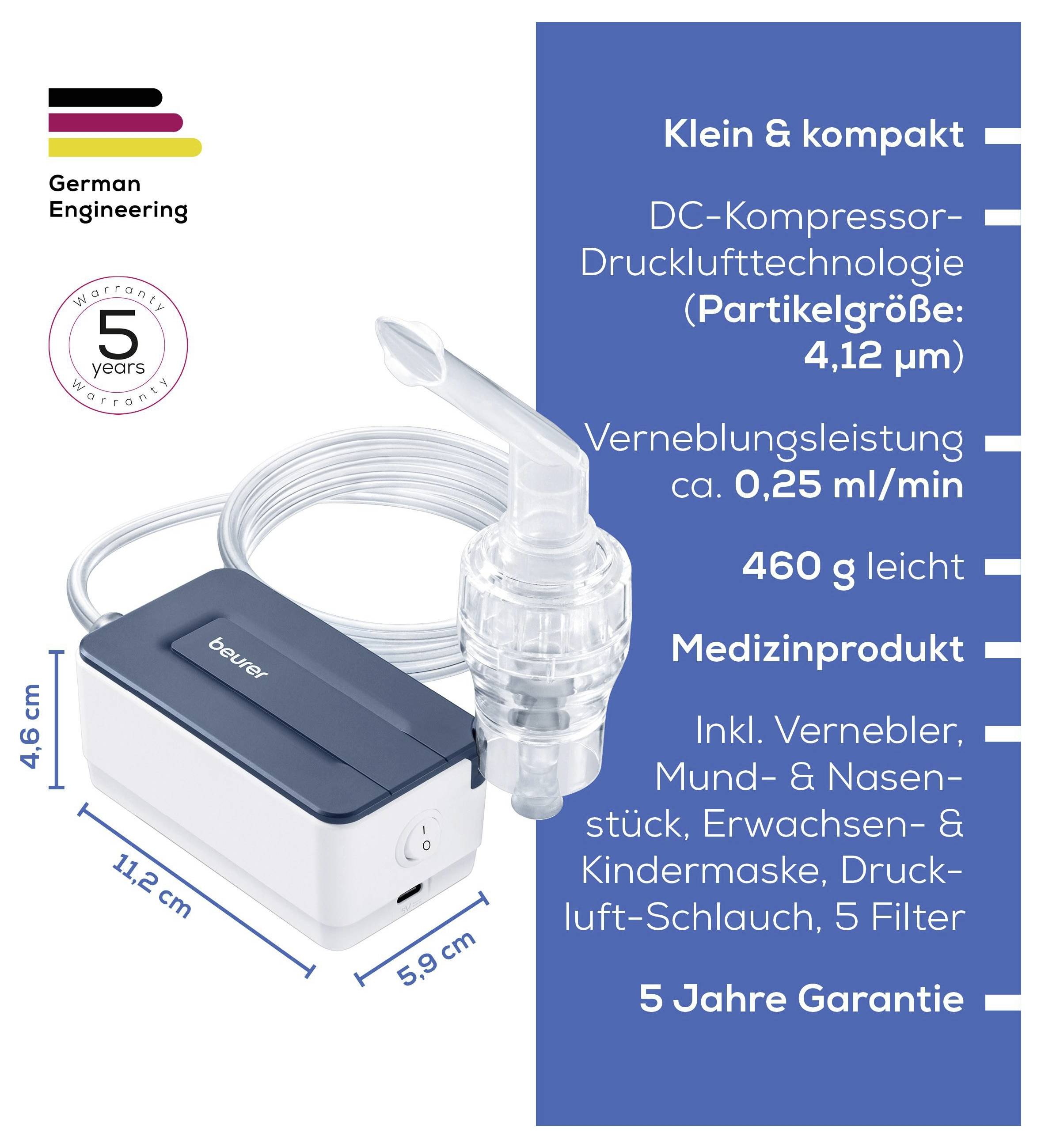 Kompaktní zdravotnické zařízení pro inhalační terapii, vybavené technologií DC kompresoru a různými příslušenstvím. Váží 460 g a nabízí záruku na 5 let.