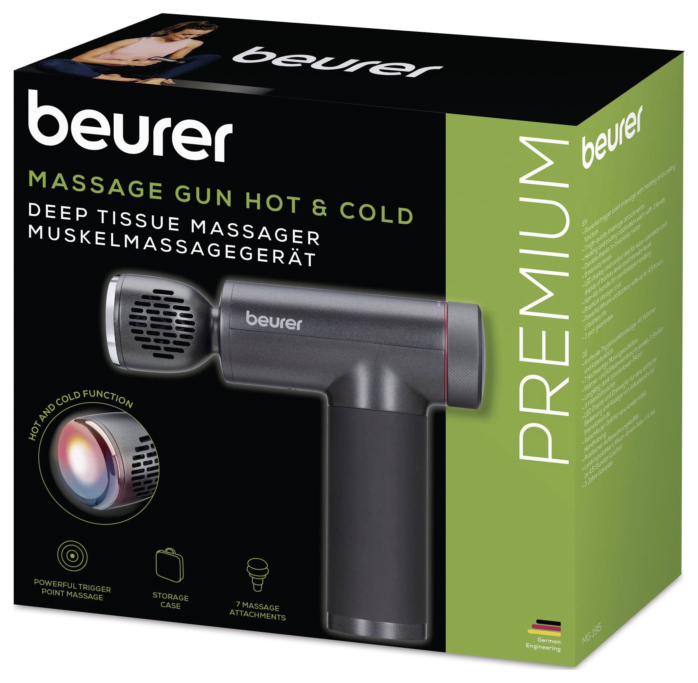 Obal "Beurer Massage Gun Hot & Cold" zobrazuje zařízení s funkcemi: funkce tepla a chladu, masáž spouštěcího bodu a 7 nástavců.