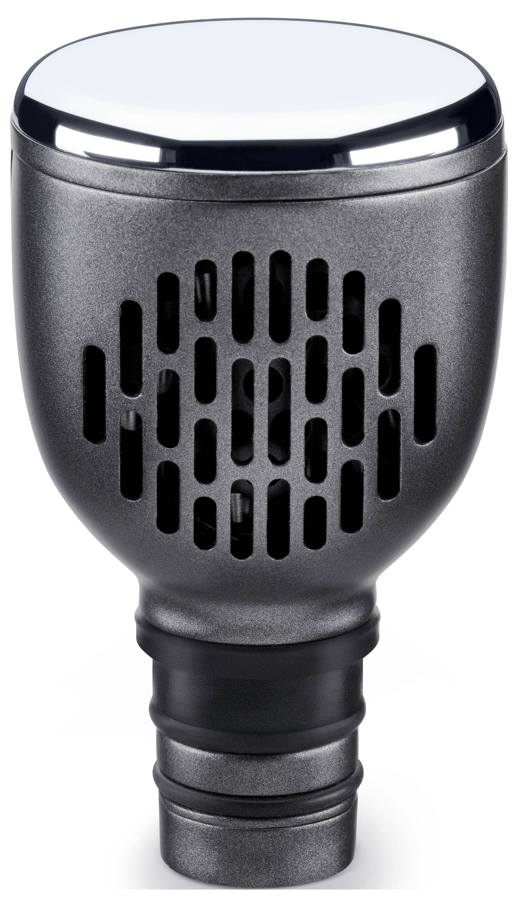 Elegantní, černé, válcové zařízení s ventilačními štěrbinami, navržené pro cirkulaci vzduchu nebo filtraci, vybavené kovovou horní částí a hadicovým připojením ve spodní části.