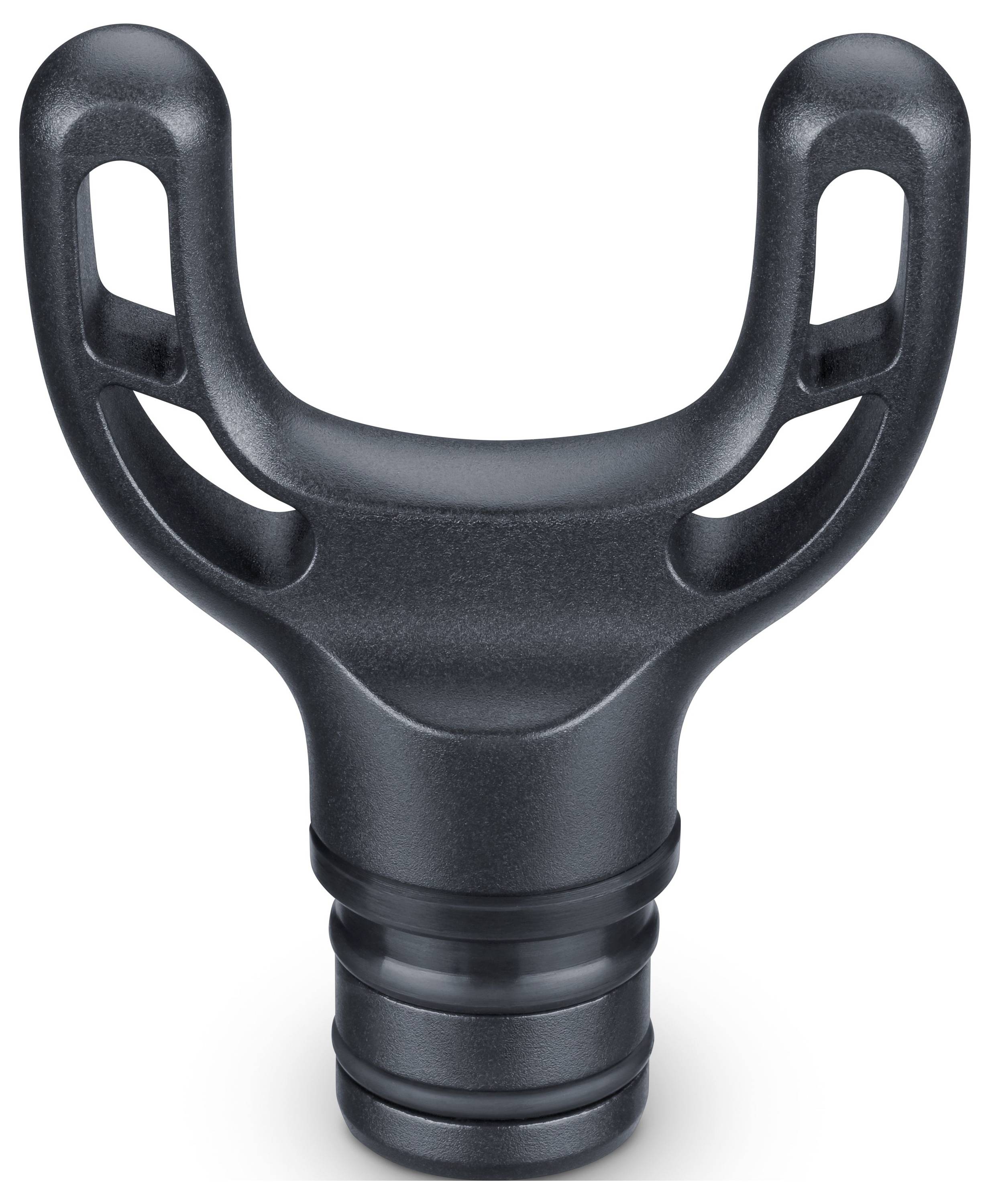 Černá, Y-shaped mechanická součástka se dvěma symetrickými smyčkami a válcovou základnou.